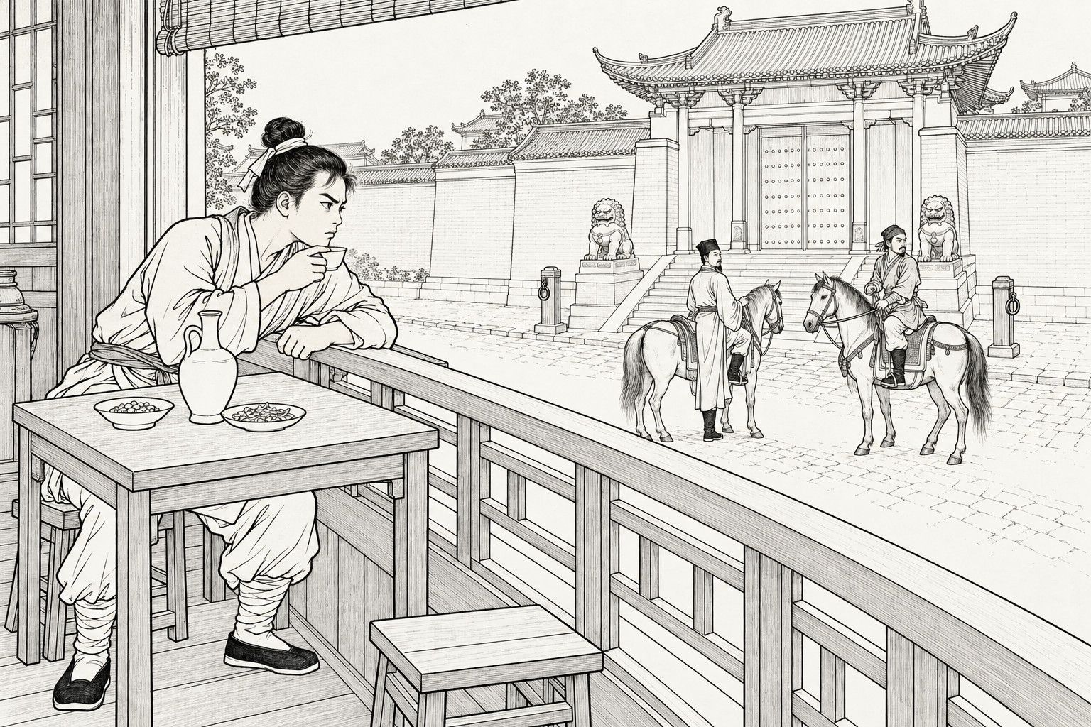 仿清末石印本的線描:酒樓二樓的窗邊,少年艾虎坐在桌旁,一手端著酒杯停在嘴邊,倚著欄杆死死盯著街上;街對面的王府大門前有石獅、臺階和拴馬樁,一個行路人已騎在馬上,另一個站在馬邊回頭張望。