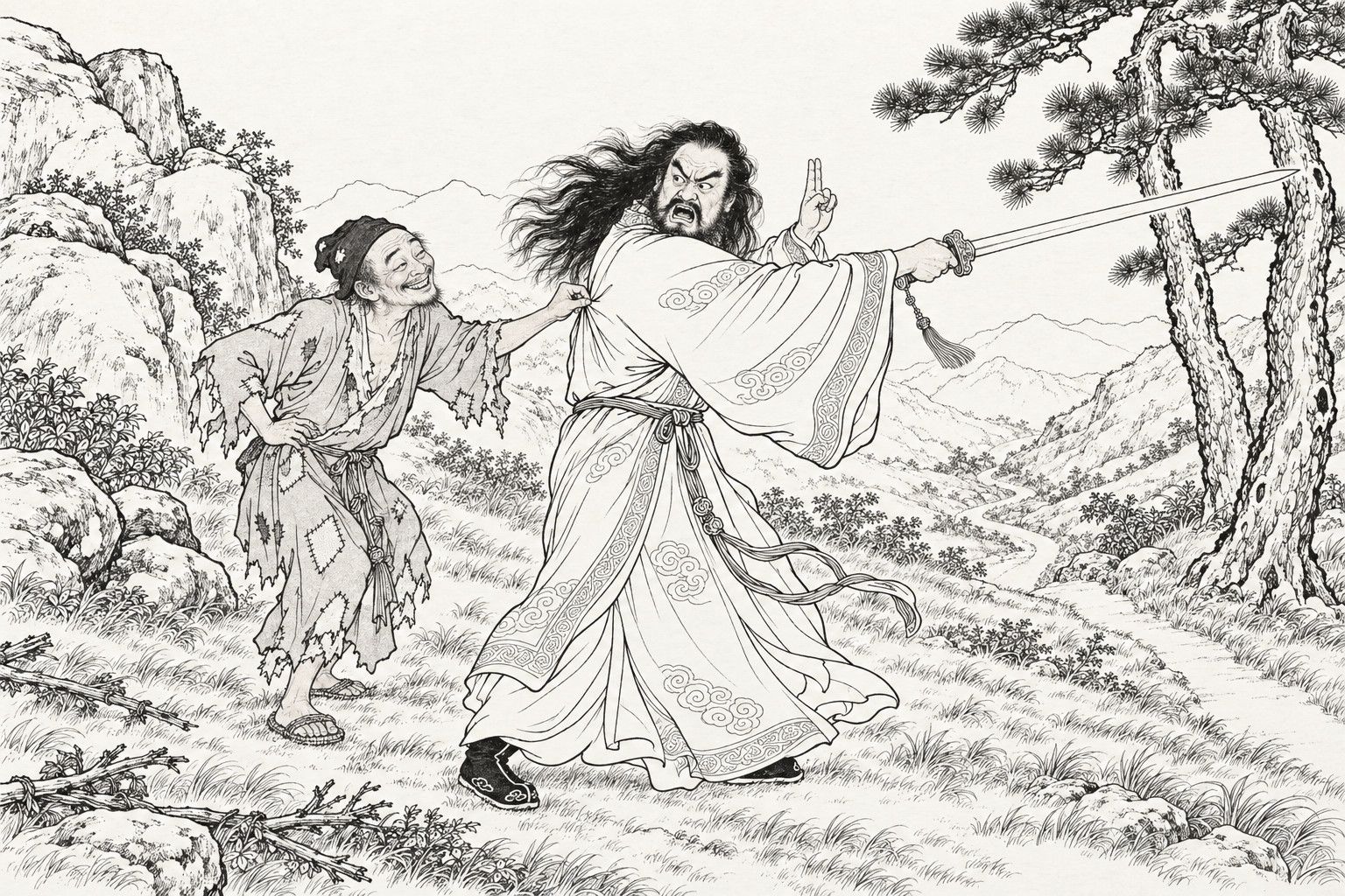 A line drawing in the manner of a late-Qing lithographed edition: on a grassy slope with boulders and two pines, a bearded Daoist with loose flying hair whirls round with a long sword stretched out into empty air and one hand raised in a spell gesture, while behind him a ragged, grinning monk pinches the back of his robe, one hand on his hip.