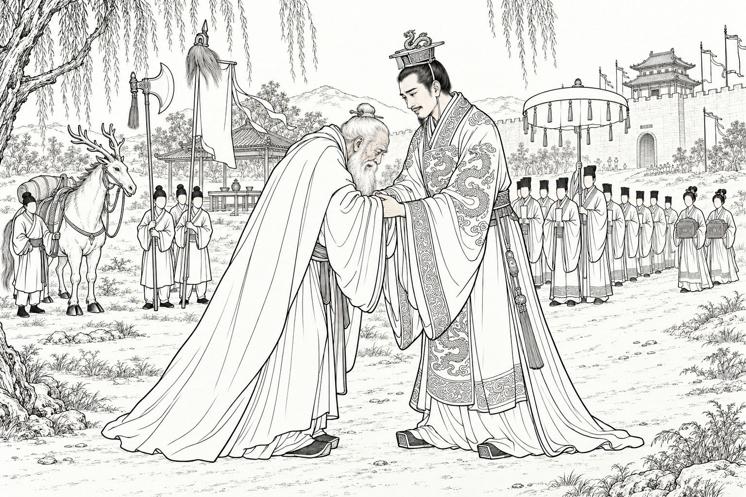 A line drawing in the manner of a late-Qing lithographed edition: on a country road outside the city wall, the old white-bearded Jiang Ziya in a plain travelling cloak bows deeply with tears in his eyes, and the young crowned king steps forward and takes his forearms in both hands to raise him; behind the old man, attendants hold up a broad-bladed axe and a pole with a tuft of hair and a blank banner beside a saddled antlered beast, and behind the king a row of small officials with tablets stand under a blank parasol, with willows hanging over the road.