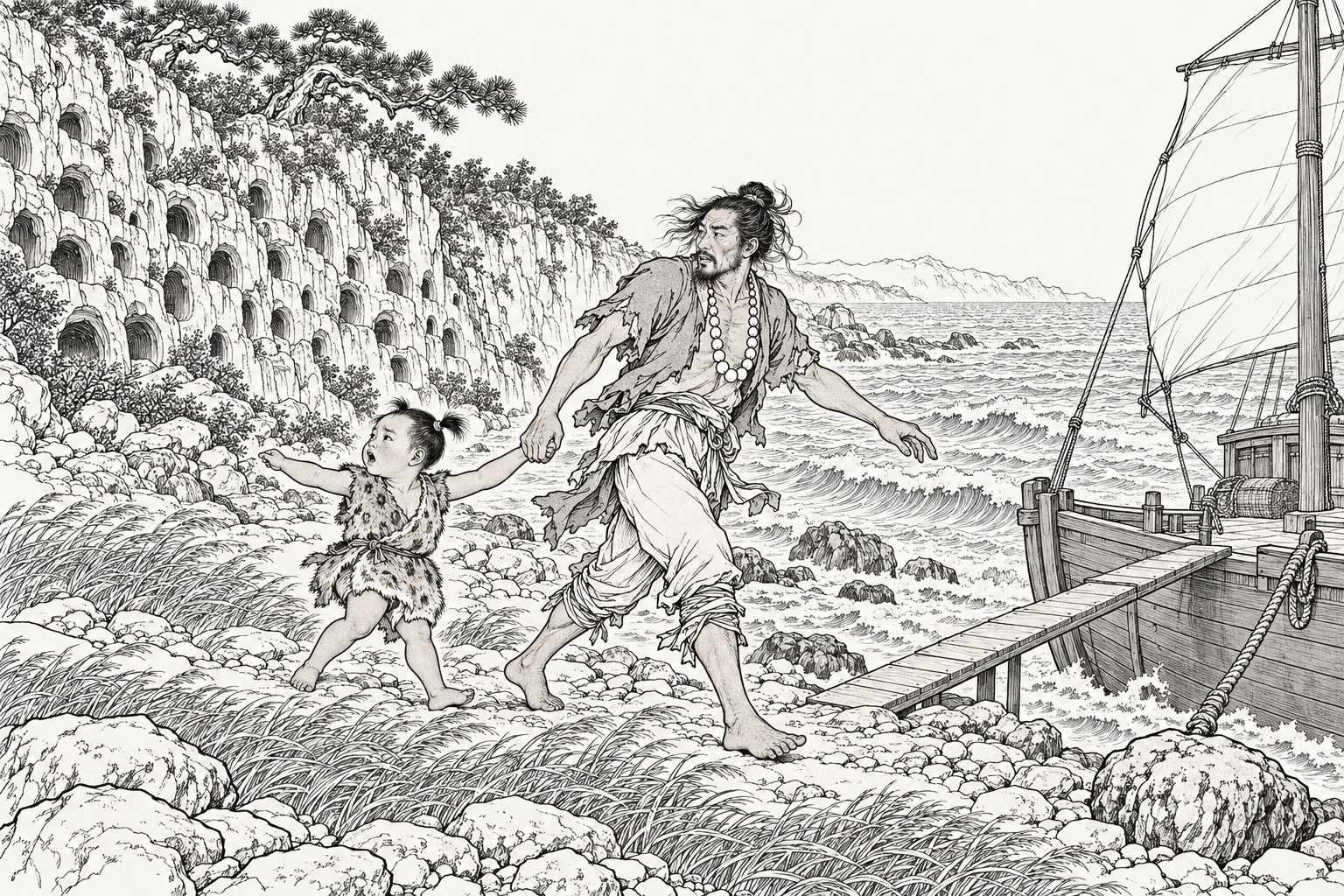 A line drawing in the manner of a late-Qing lithographed edition: on a stormy shore, a ragged, barefoot man with a string of beads at his neck hurries his small son by the hand toward a boat with a plank gangway at the right; both glance back at the cave mouths pitted in the cliff, the child pulling and reaching back; wind bends the grass and the waves run high.