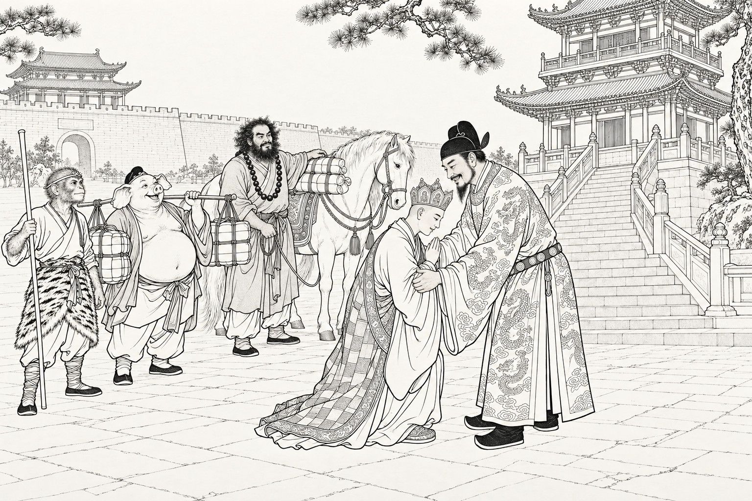 A line drawing in the manner of a late-Qing lithographed edition: by day in the paved yard outside a city gate, at the foot of a two-storeyed tower with a flight of stone steps, an emperor in a dragon-embroidered robe and winged black cap bends to take a crowned, kasaya-clad monk by the arms as the monk rises with joined palms, while a monkey with an iron staff, a pig carrying scroll bundles on a shoulder pole, and a bearded bushy-haired man leading a white horse loaded with scrolls wait behind them, with the city wall and pine branches in the background.
