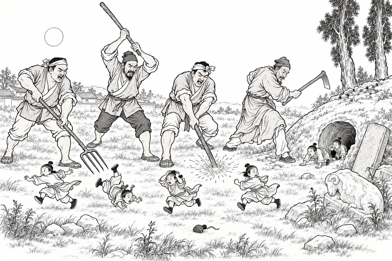 A line drawing in the manner of a late-Qing lithographed edition: at night in a village graveyard, four peasants with a pitchfork, staves and a hoe leap up and strike at tiny foot-high men pouring out of a hole in an old collapsed grave mound, sparks flying where a staff hits the ground, while the little men tumble and scatter through the grass past a stone sheep and tablet, with cypresses, a distant moon and thatched roofs behind.