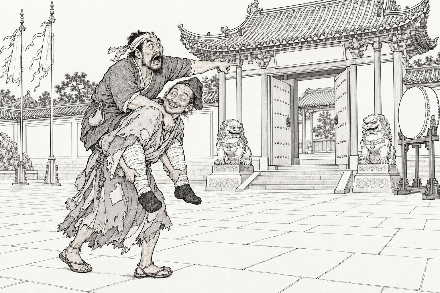 A line drawing in the manner of a late-Qing lithographed edition: in front of a yamen gate with stone lions, a drum and flagpoles, a small ragged monk bent under the load looks back with a sly grin as he carries a bandaged, headbanded man on his back; the man gapes in horror and points at the gate.