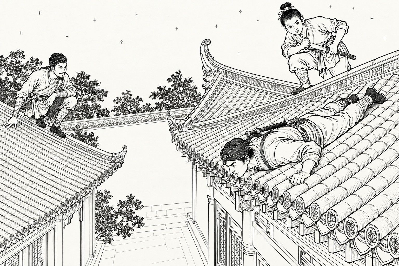 A line drawing in the manner of a late-Qing lithographed edition: on the tiled roofs of a guest-house under a few small stars, an intruder in a headcloth lies flat along the slope of the main roof with his hands gripping the rafter ends, peering over the eave, while behind him a boy bends at the ridge and slides a knife out of the sheath on his back, and a bearded man crouches on the lower side roof across the gap, watching.
