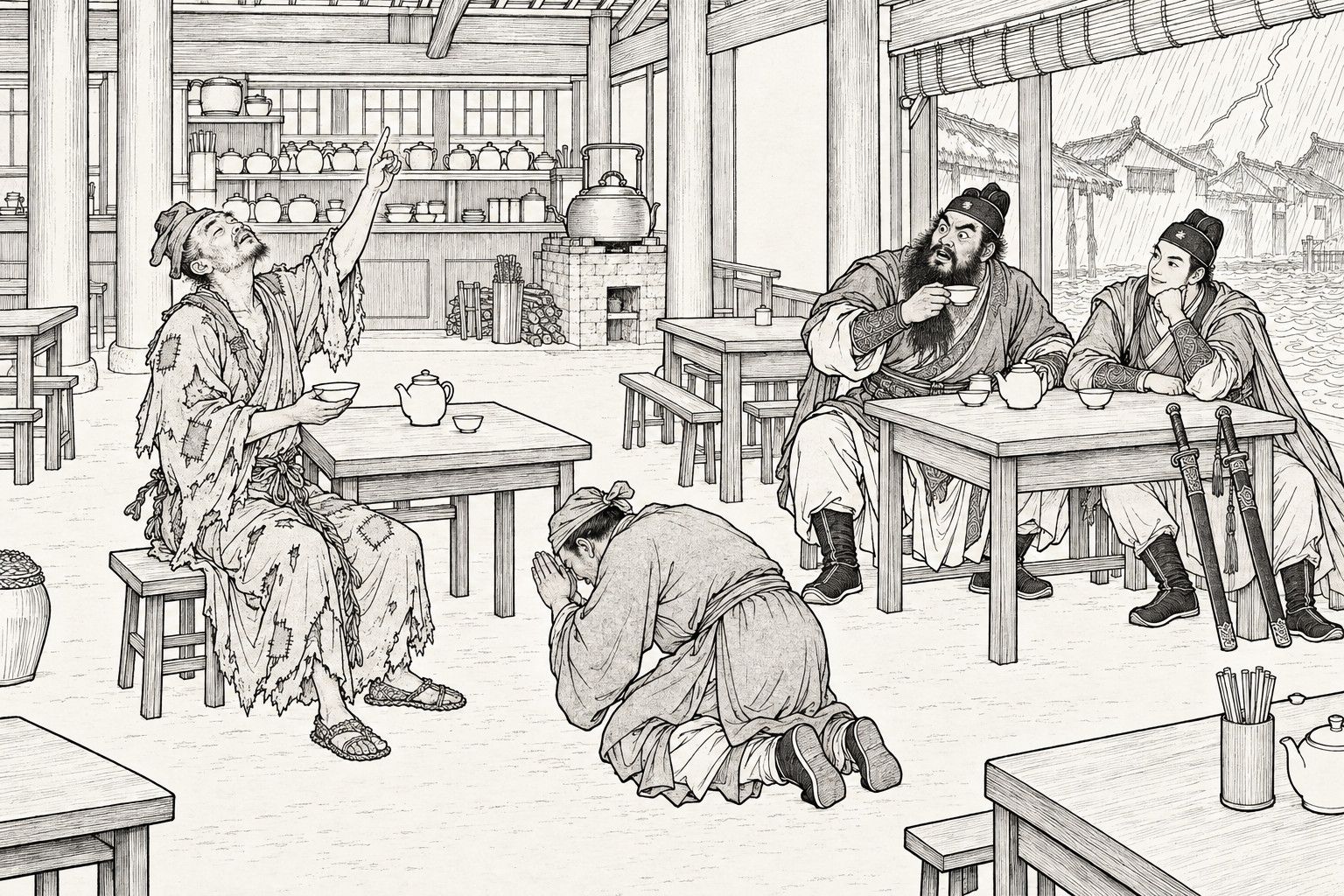 A line drawing in the manner of a late-Qing lithographed edition: in a teahouse with rain and lightning outside the doorway, a ragged monk with a tea bowl points upward with his face tilted to the beams, a country man kneels before him with palms pressed together and forehead bowed, and at the next table a bearded man with a tea bowl and a slim young man look on.