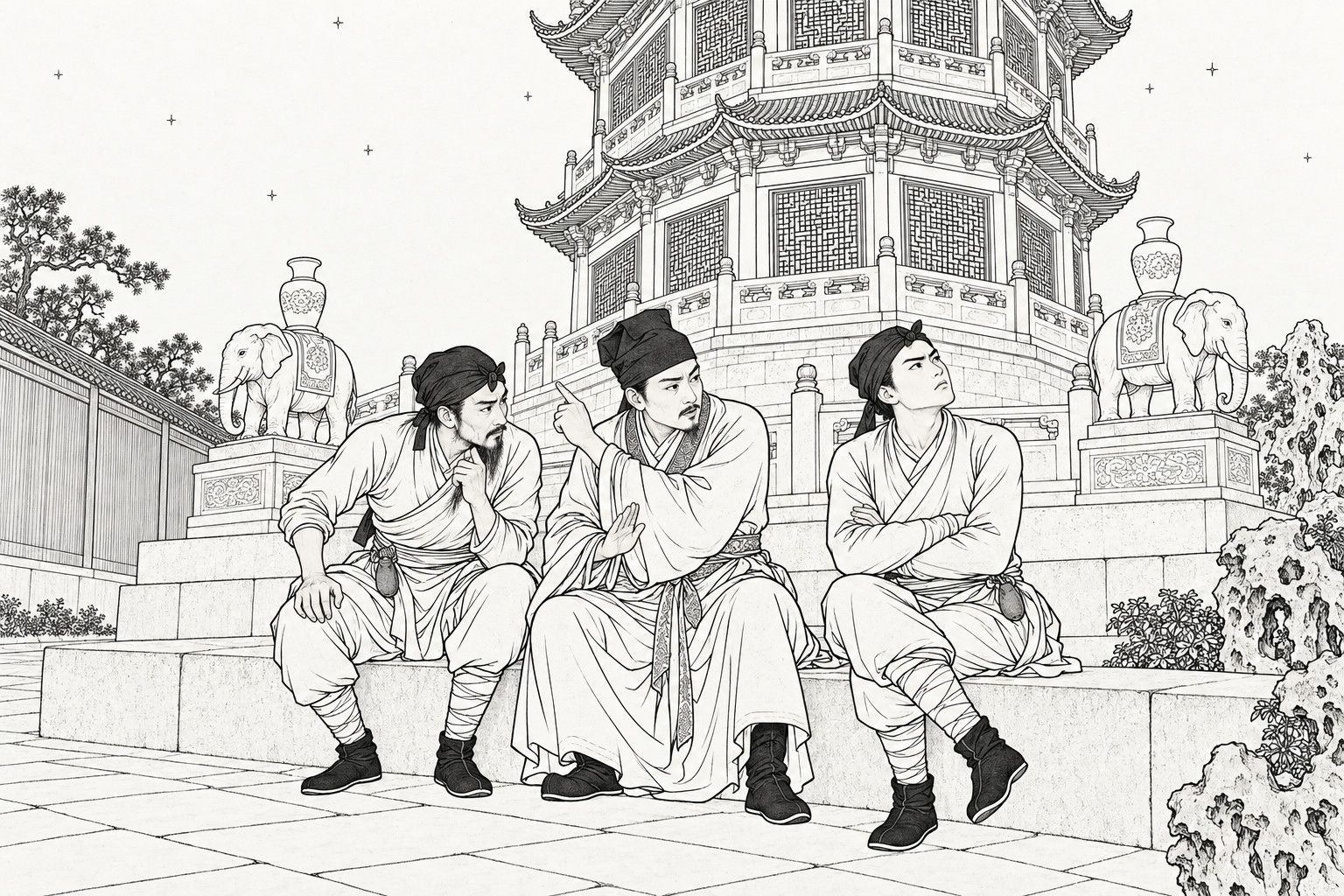 A line drawing in the manner of a late-Qing lithographed edition: at the foot of a tall eight-sided pavilion tower, with a stone elephant bearing a vase on each side of the terrace, three men sit side by side on the stone base: a scholar in a plain gown in the middle points up and back along the tower and raises his other hand to hush them, a bearded man in a headcloth on the left leans in with a hand at his chin, and a young man on the right folds his arms and frowns up at the tower.