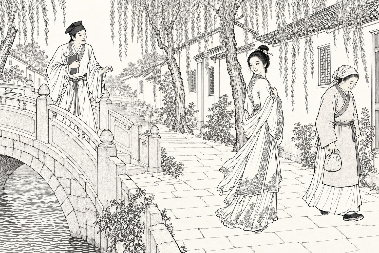 A line drawing in the manner of a late-Qing lithographed edition: on a willow-lined lane beside a canal, with an arched stone bridge at the left, a young woman with an ornamented bun and a long shawl glances back over her shoulder with a shy smile; on the bridge a young scholar in a square cap, a book in one hand, stops with his other hand half raised, looking joyful and astonished; an old maidservant in a head-cloth carrying a small bundle walks on at the right with her head down.