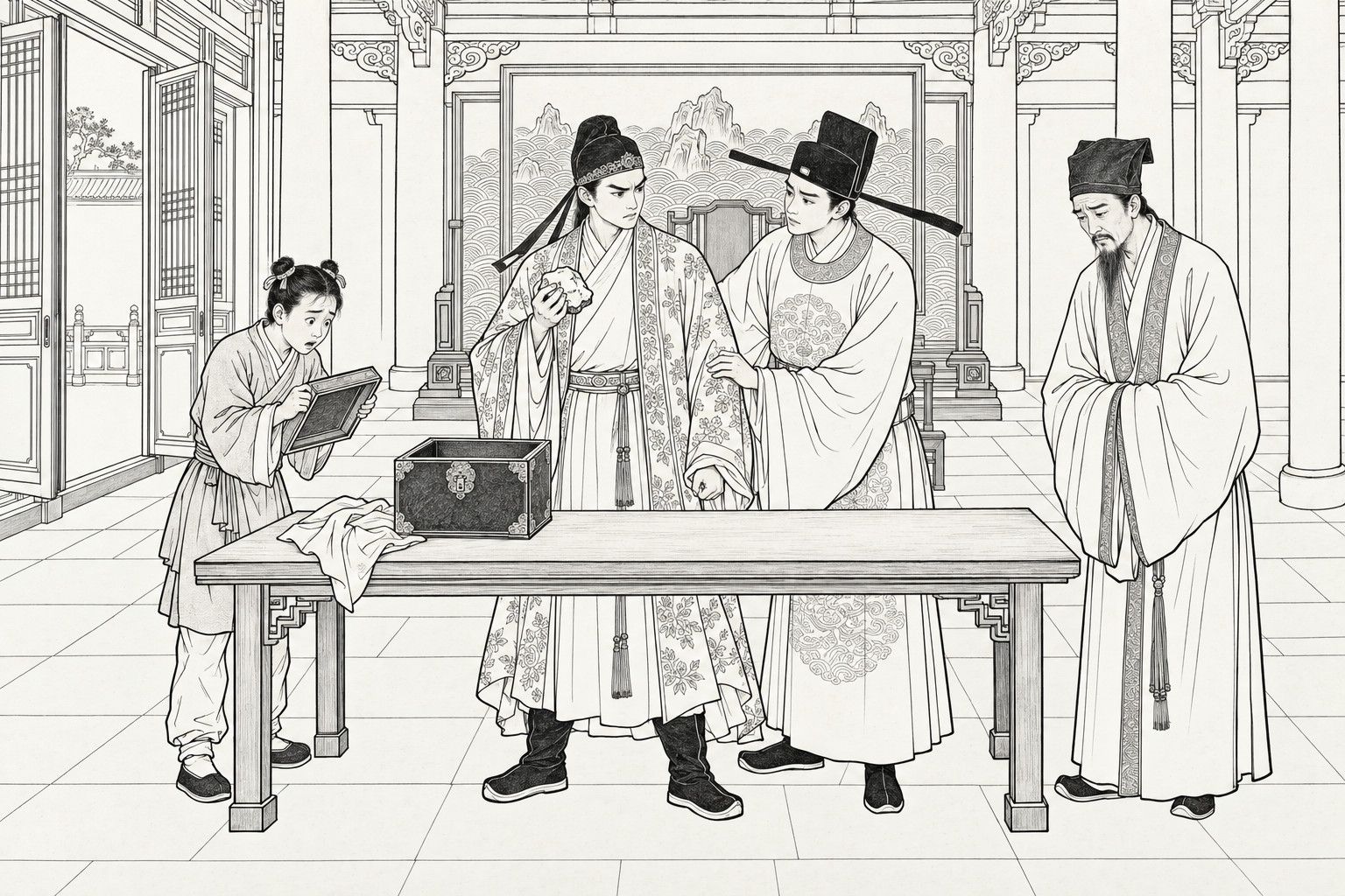 A line drawing in the manner of a late-Qing lithographed edition: in the main hall of a yamen, a stolen seal-box stands open on a long table; a servant boy at the left holds up the lid in both hands and stares into the box, a young man in an embroidered cloak holds a rough lump of iron in his raised hand with a rigid, furious face, a young official in a winged cap lays a hand on his arm, and an older bearded scholar stands at the right end of the table with his head bowed.