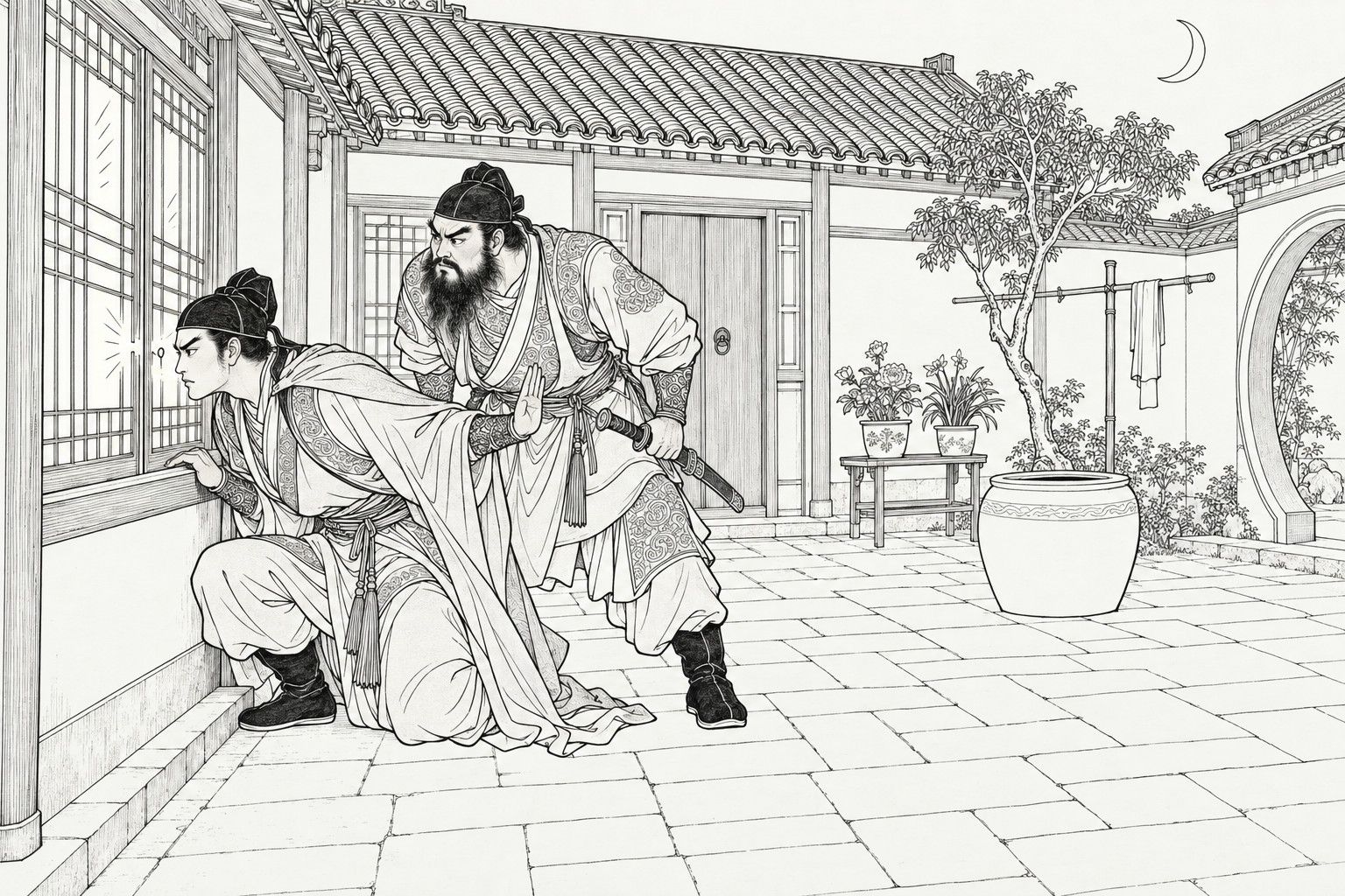 A line drawing in the manner of a late-Qing lithographed edition: in a courtyard at night under a thin crescent moon, a young man in a cloak crouches at a lit paper window with one eye at a small hole and a hand held back for silence, while a bearded man bends behind him with his hand on a saber hilt; a big water jar, a potted-flower stand and a clothes pole stand in the yard.