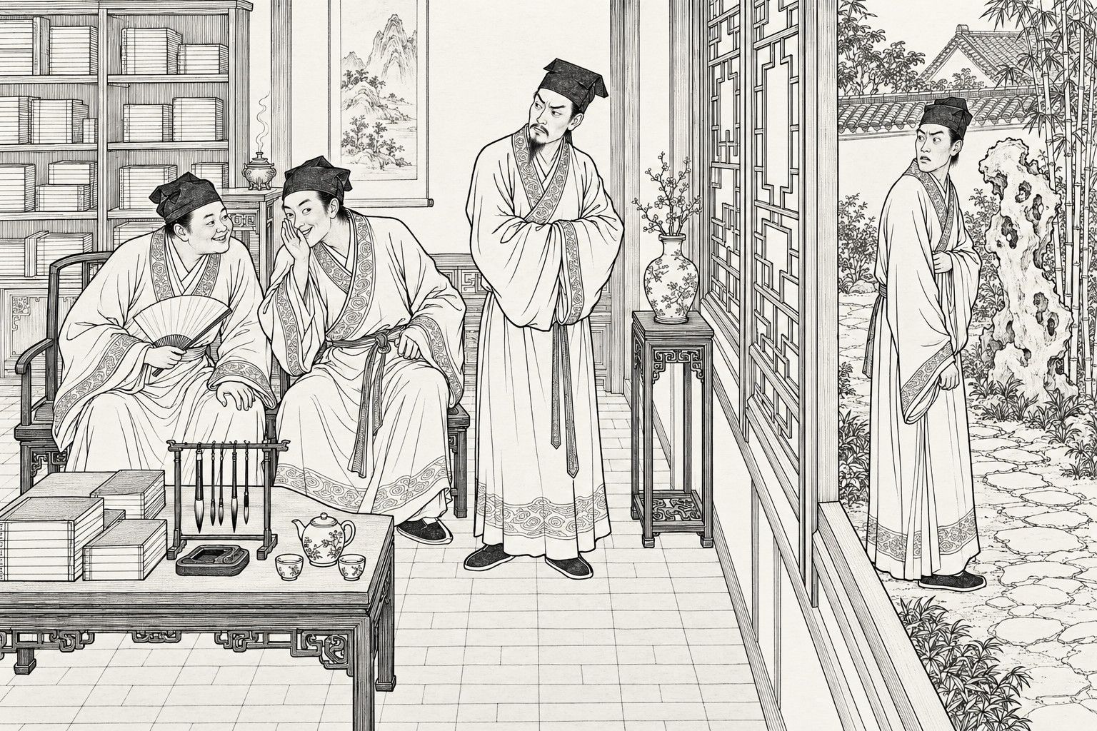 A line drawing in the manner of a late-Qing lithographed edition: in daytime in a scholar's study opening onto a small courtyard, one young scholar leans toward his two friends and whispers behind his cupped hand, one friend grinning with a fan and the other standing with folded arms and a doubtful frown, while a fourth scholar in the courtyard beyond the lattice window stops with his head turned, listening, among bamboo and a tall garden rock.