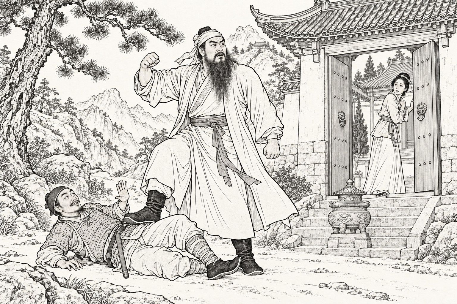 A line drawing in the manner of a late-Qing lithographed edition: on a mountain path before a small temple gate, a big bearded man in a headcloth has one boot planted on a soldier lying on his back and a fist raised, frozen with his mouth a little open in shock; the soldier looks up with a sly grin and one hand spread in appeal; in the open temple gateway at the right a young woman holds the door post and looks back over her shoulder; old pines and rocky hills fill the background.