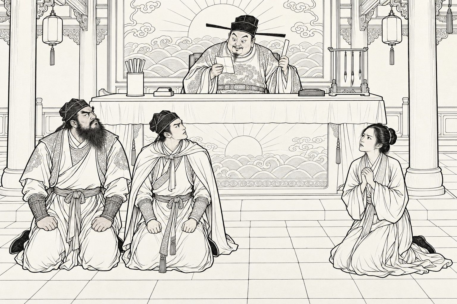 A line drawing in the manner of a late-Qing lithographed edition: in a county hall, a plump magistrate behind a high desk holds up a tally stick and a small opened paper, smiling as he reads it, while a bearded man, a slim young man and a young woman kneel on the floor below, looking up.