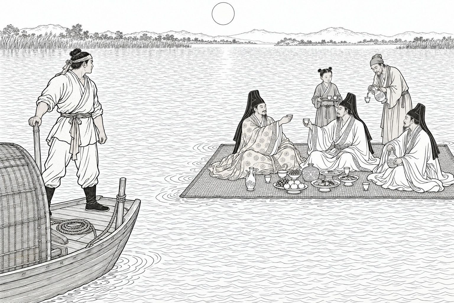 A line drawing in the manner of a late-Qing lithographed edition: on a moonlit night on a wide lake, a sturdy traveller in a headband and short belted jacket stands in the bow of his covered boat, one hand on the pole, watching a large woven mat spread on the water where three men in tall black headcloths sit raising wine cups among jugs and dishes of fruit, while a boy with a tray and an old man pouring from a ewer stand behind them, with reeds, low hills and a round moon beyond.