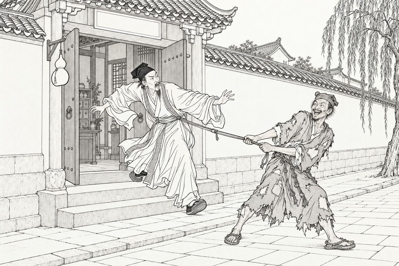 A line drawing in the manner of a late-Qing lithographed edition: at the gate of a physician's house with a medicine gourd hanging by the door, a ragged monk leans back and laughs as he hauls a physician out by the cord of his sash; the physician, his cap crooked and robe flying open, stumbles forward with his arms flung out.