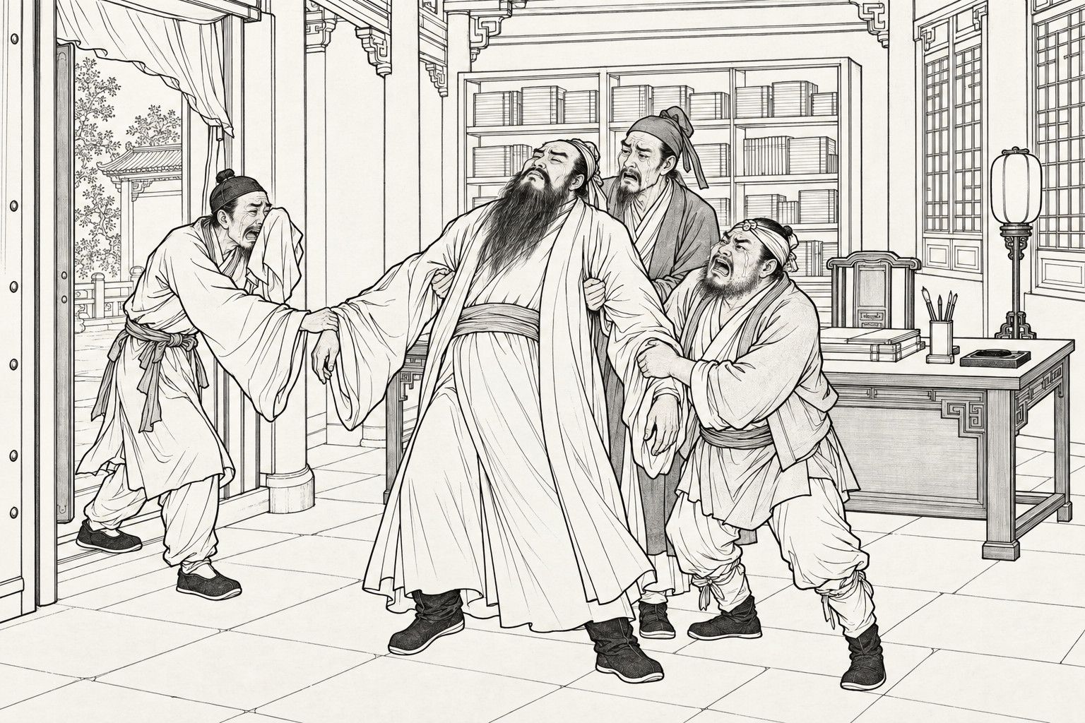 A line drawing in the manner of a late-Qing lithographed edition: in the study of a yamen, with a bookshelf, a desk with a brush stand and an inkstone, and a lamp stand, a small man bursting in at the left doorway wails into his sleeve while gripping the sleeve of a big bearded man, who sags backwards with his head thrown back and his eyes shut, held up by two weeping men, one behind him and one at the right who cries out with his mouth wide open.