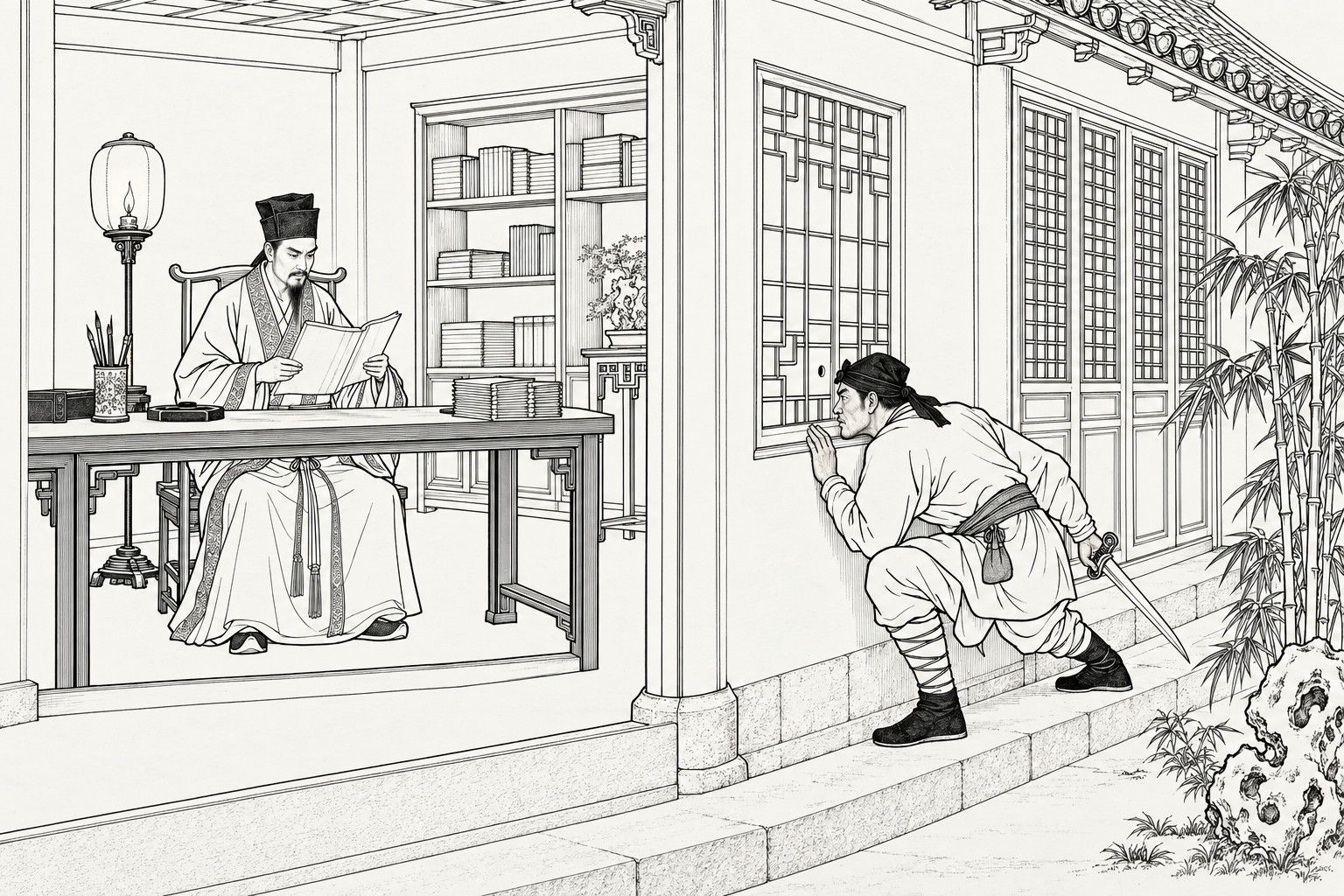 A line drawing in the manner of a late-Qing lithographed edition: at night at a yamen study shown with its front wall cut away, a scholar in plain robes sits upright at a desk under a lamp, reading case papers with a thoughtful frown; outside the lattice window at the right, a man in a close-fitting night outfit and headcloth, a bare sword held low behind him, crouches against the wall with one eye at a small hole in the window paper; bamboo and a garden rock stand at the edge.