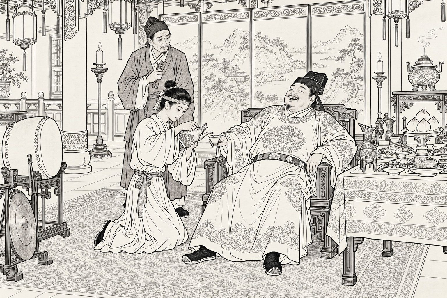 A line drawing in the manner of a late-Qing lithographed edition: at a banquet in a lantern-lit hall, a young actor in a headband kneels beside a stout, laughing official in an embroidered robe, pouring wine into the cup he holds out; an anxious troupe master stands behind with clappers in hand, and a drum, a gong and dishes of fruit and meat fill the hall.