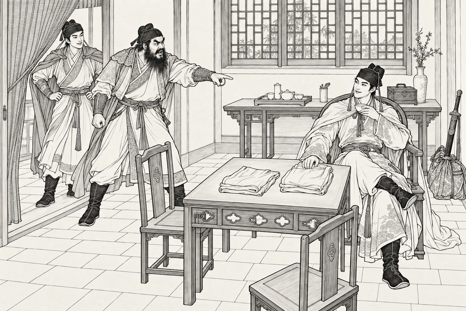 A line drawing in the manner of a late-Qing lithographed edition: in an inn room, a handsome young man sits in an armchair holding a tea bowl and smiling, two folded pairs of trousers on the table before him, while a bearded man at the doorway points at him with a furious scowl and a slim young man behind him stands with hands on hips, grinning.