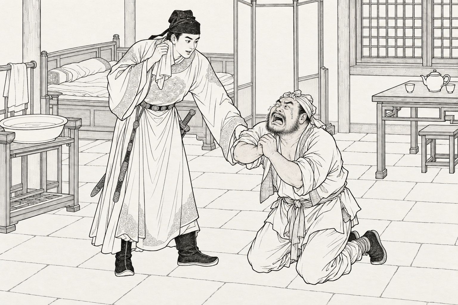仿清末石印本的線描:客房裡有床、放著臉盆的盆架和擺著茶壺的小桌;束腰袍、戴黑軟帽、腰佩寶劍的青年一手拿著布巾,吃驚地俯身去拉一個粗壯的絡腮鬍漢子的手臂;漢子跪在地上,雙手合十,臉上有淚,張大嘴放聲哭嚎。