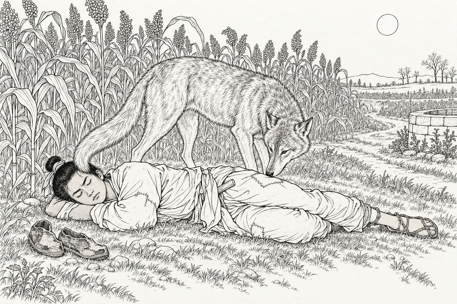 A line drawing in the manner of a late-Qing lithographed edition: on a still night in a sorghum field, a young farm boy in a topknot and patched coarse clothes lies on his side in the grass with his eyes shut, pretending to sleep, while a lean wolf bends its head to sniff him and sweeps its tail across his forehead; a pair of worn old shoes lies by his head, and a dry stone well, a field path and a pale moon appear in the distance.
