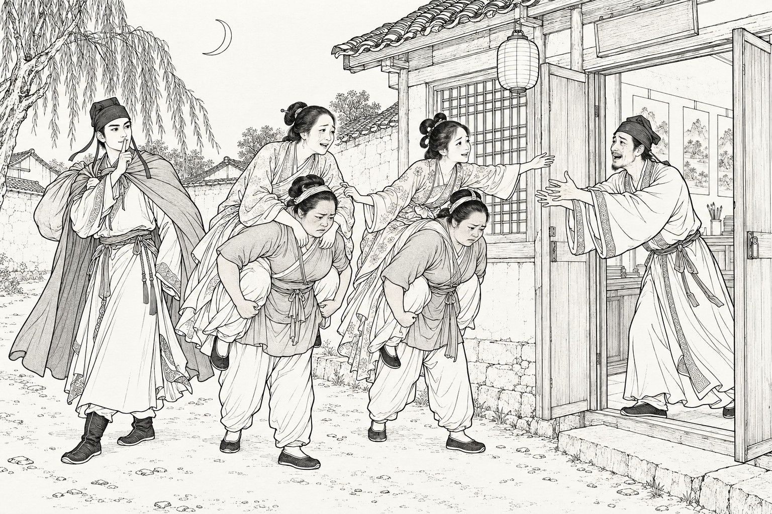 A line drawing in the manner of a late-Qing lithographed edition: at the open door of a painter's house at night under a crescent moon, a slender swordsman with a bundle on his shoulder lifts a finger to his lips, two stout women each carry a woman on her back, and the delighted painter rushes out of the door with both arms stretched toward them.