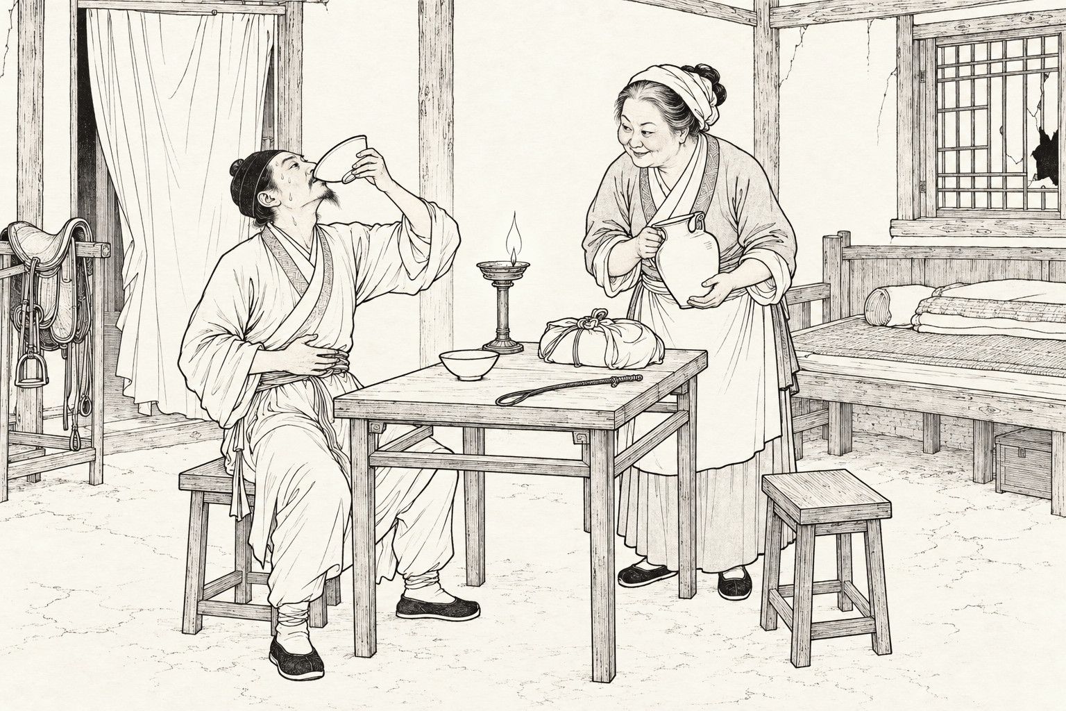 A line drawing in the manner of a late-Qing lithographed edition: by lamplight in the inner room of a poor village inn, a pale, sweating traveller with one hand on his belly sits on a stool and tips back his head to drain a bowl, while an elderly woman in a headcloth and apron stands beside the table holding a wine pot in both hands and smiles down at him; on the table are a bundle, a riding whip and a small lamp, and a saddle, a curtained doorway and a bed stand behind.