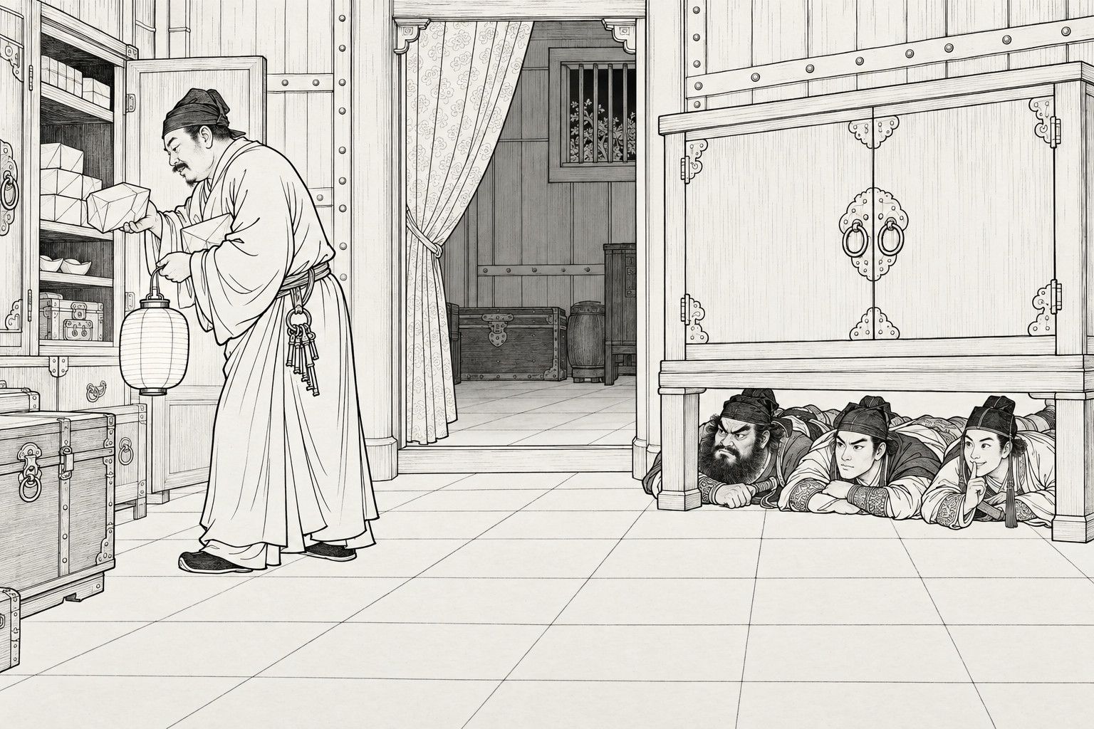 A line drawing in the manner of a late-Qing lithographed edition: in a strongroom, a steward in a long robe with a ring of keys and a paper lantern lifts packets of silver out of an open cabinet, while under a tall cabinet at the right a bearded man and two young men lie flat side by side watching him, the last with a finger to his lips.