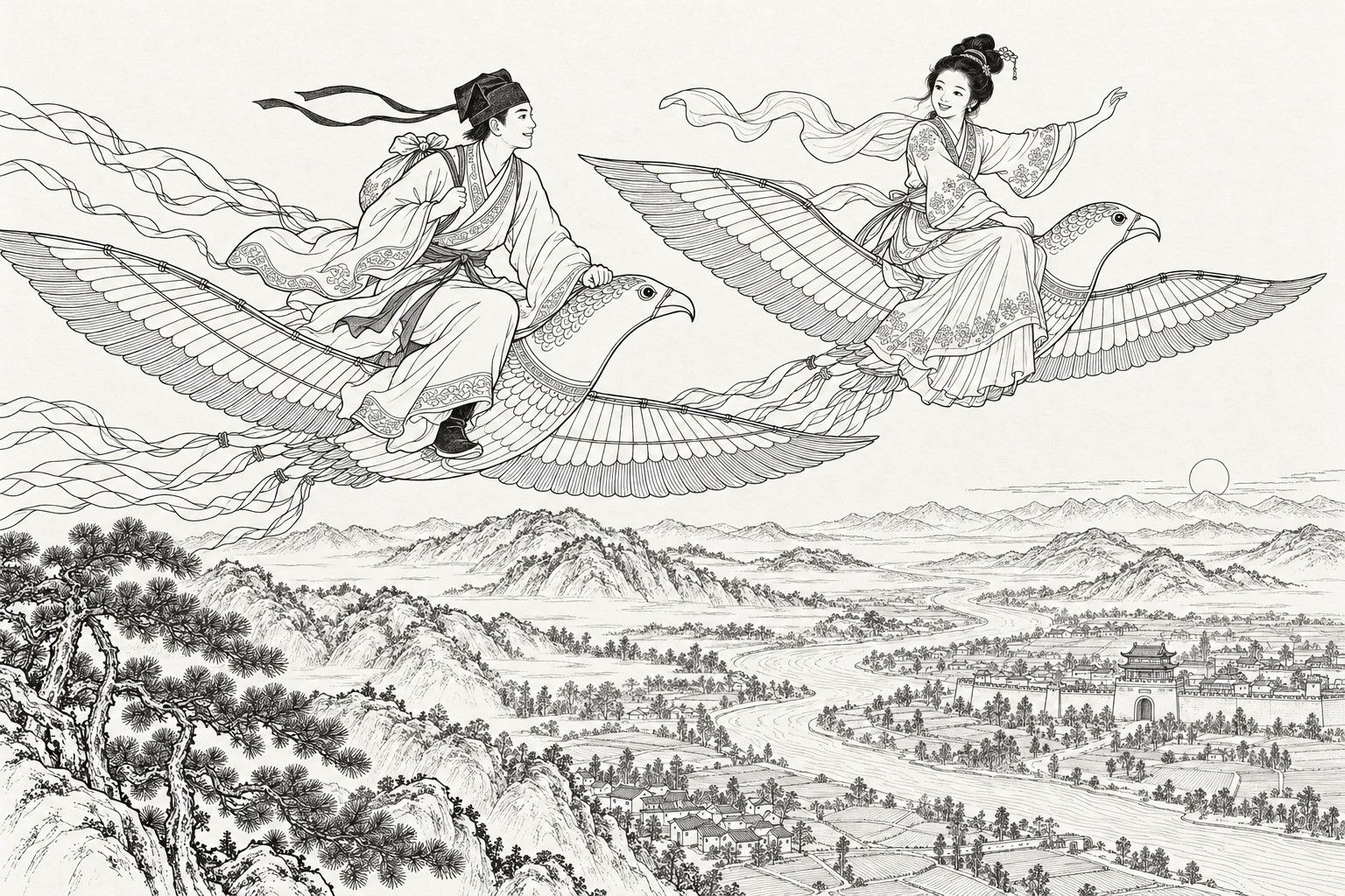 A line drawing in the manner of a late-Qing lithographed edition: at dawn high above hill country, a young scholar and a young woman with her hair in a coil ride side by side on two large bird-shaped paper kites, smiling at each other with sashes and streamers trailing behind, while below lie pine-covered hills, a winding river, farm fields, a village and a walled town with a gate tower, and a small sun rises on the far horizon.
