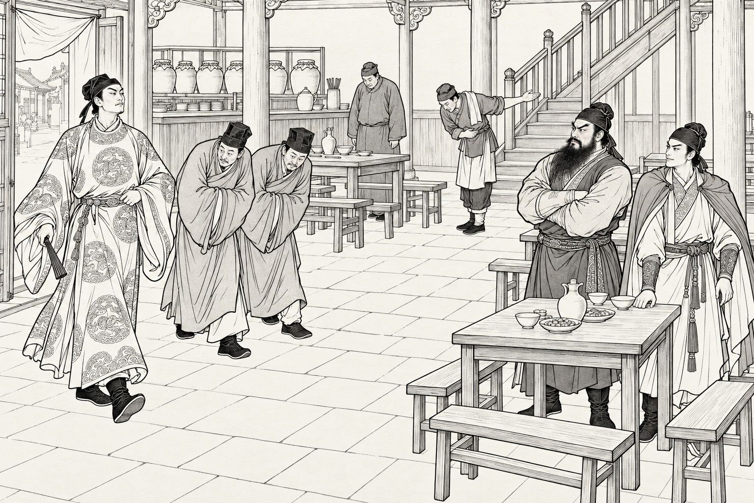 A line drawing in the manner of a late-Qing lithographed edition: on the ground floor of a tavern, a man in a fine roundel-patterned robe with a fan strides in at the door, followed by two stooping clerks, while the waiter bows toward the stairs and, at the right, a bearded man with folded arms and a slim young man in a cloak stand calmly looking him over.