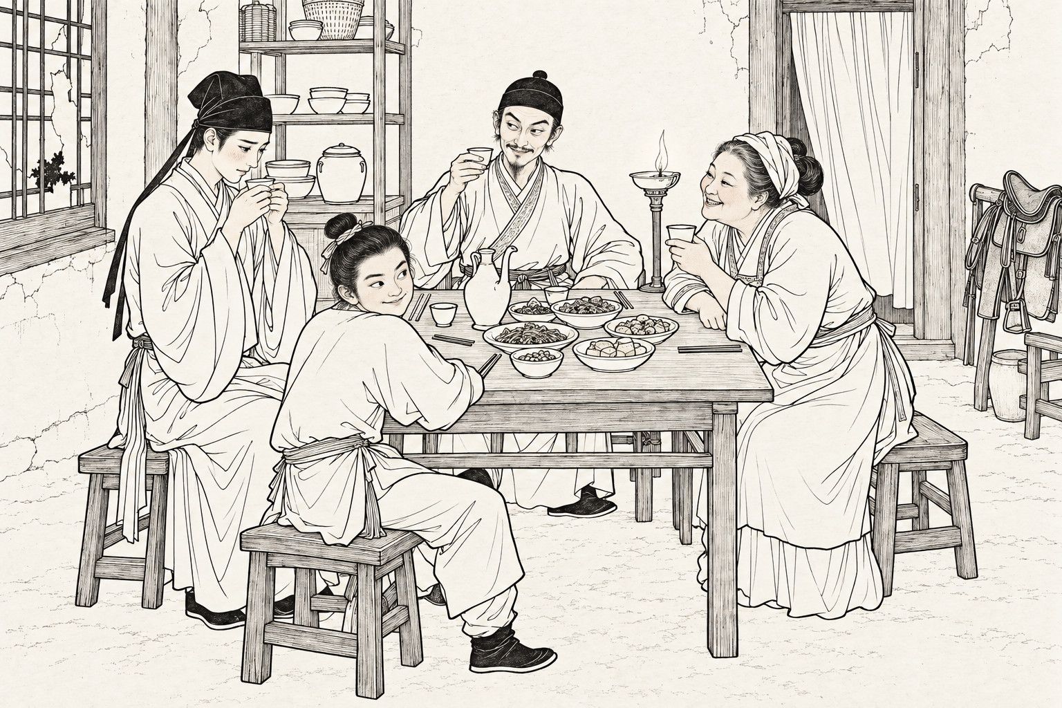 A line drawing in the manner of a late-Qing lithographed edition: round a small square table laid with dishes, a wine pot, cups and a lamp in a village inn, a shrewd-looking man with a thin beard at the head raises his cup with a knowing smile, a slender young gentleman in a scholar's cap at the left lowers his eyes and blushes over his cup, an elderly woman in a headcloth at the right leans in with a delighted smile and a cup in her hand, and a young servant in a topknot sits sideways on a stool at the front, glancing round with a sly smile.