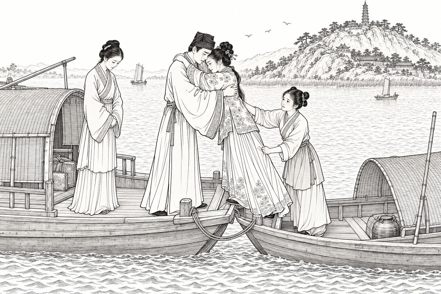 A line drawing in the manner of a late-Qing lithographed edition: on a broad river at midday, two boats lie side by side in midstream, and a young man in a scholar's cap and a young woman in an embroidered jacket embrace tearfully at the gunwale while a maid in the small skiff steadies her and a second young woman stands with bowed head and folded hands behind him, with a temple-crowned hill and pagoda, distant sails and gulls beyond.