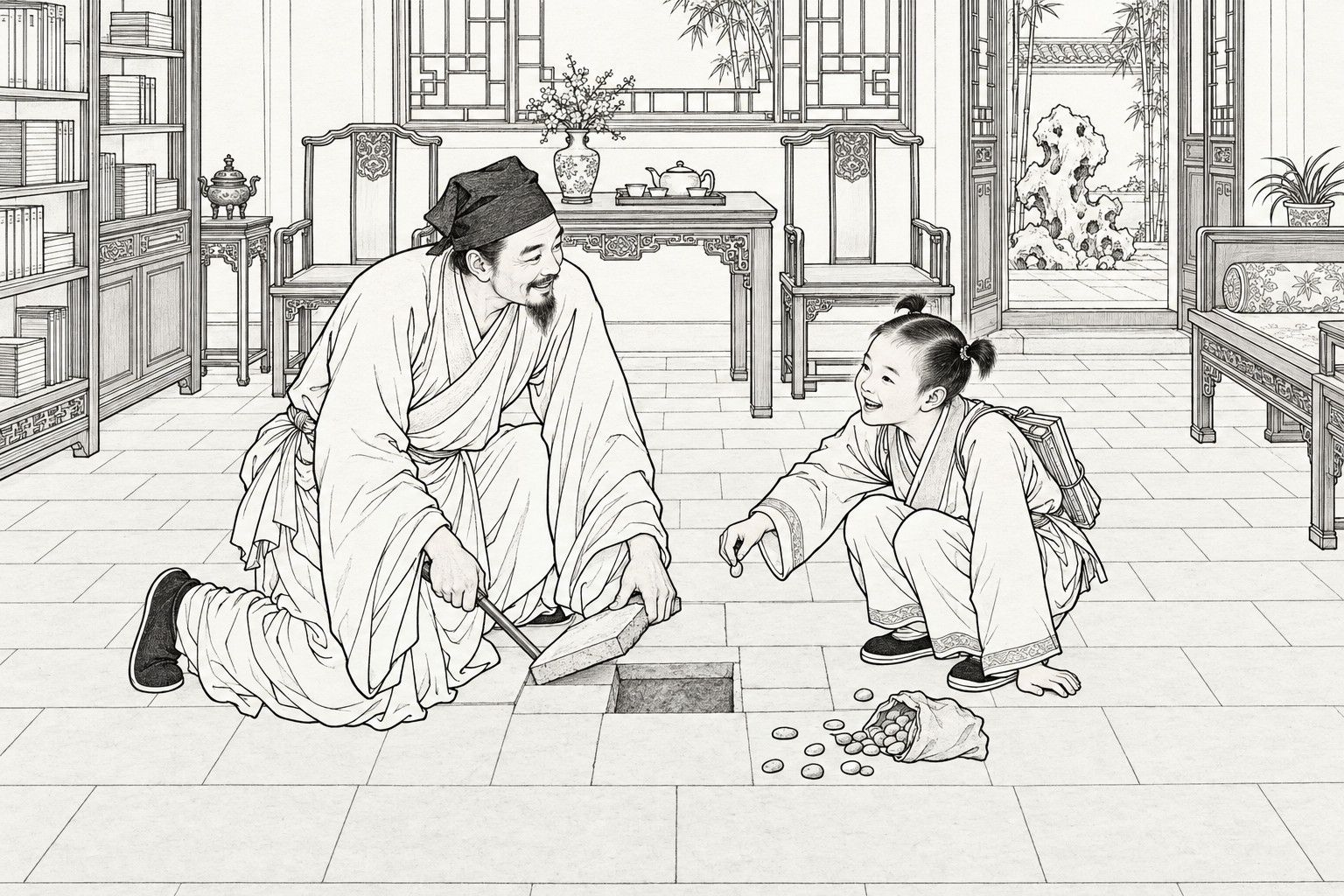 A line drawing in the manner of a late-Qing lithographed edition: in the daytime in the main room of a wealthy house, a bearded man in a scholar's headcloth kneels and pries up a floor brick with a small iron bar while a laughing schoolboy with two hair tufts and a book bundle on his back crouches across the hole from him, holding out a pebble, with scattered pebbles and a spilled bag on the brick floor and a table, chairs, bookshelf, lattice window and garden doorway behind them.