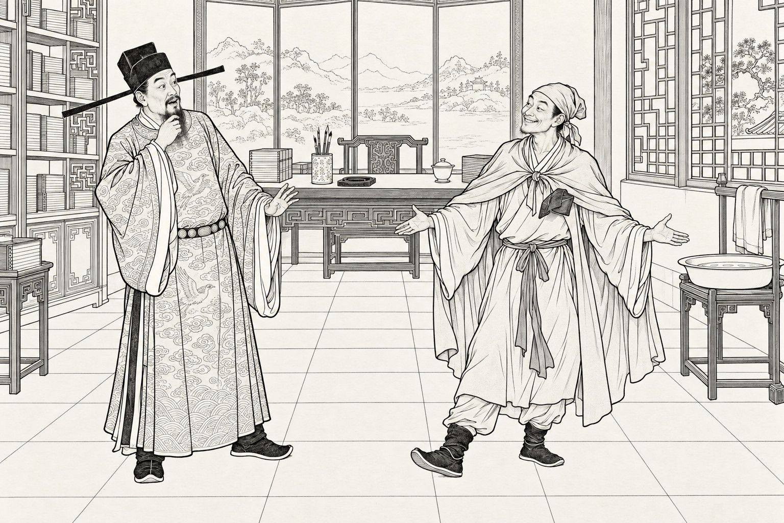 A line drawing in the manner of a late-Qing lithographed edition: in a study with bookshelves and a washbasin, a governor in a wide-sleeved robe and winged cap strokes his beard and looks on in approval, while a grinning man in a cloak and servant's clothes, a cap corner sticking out of his chest, holds out both arms to show himself off.