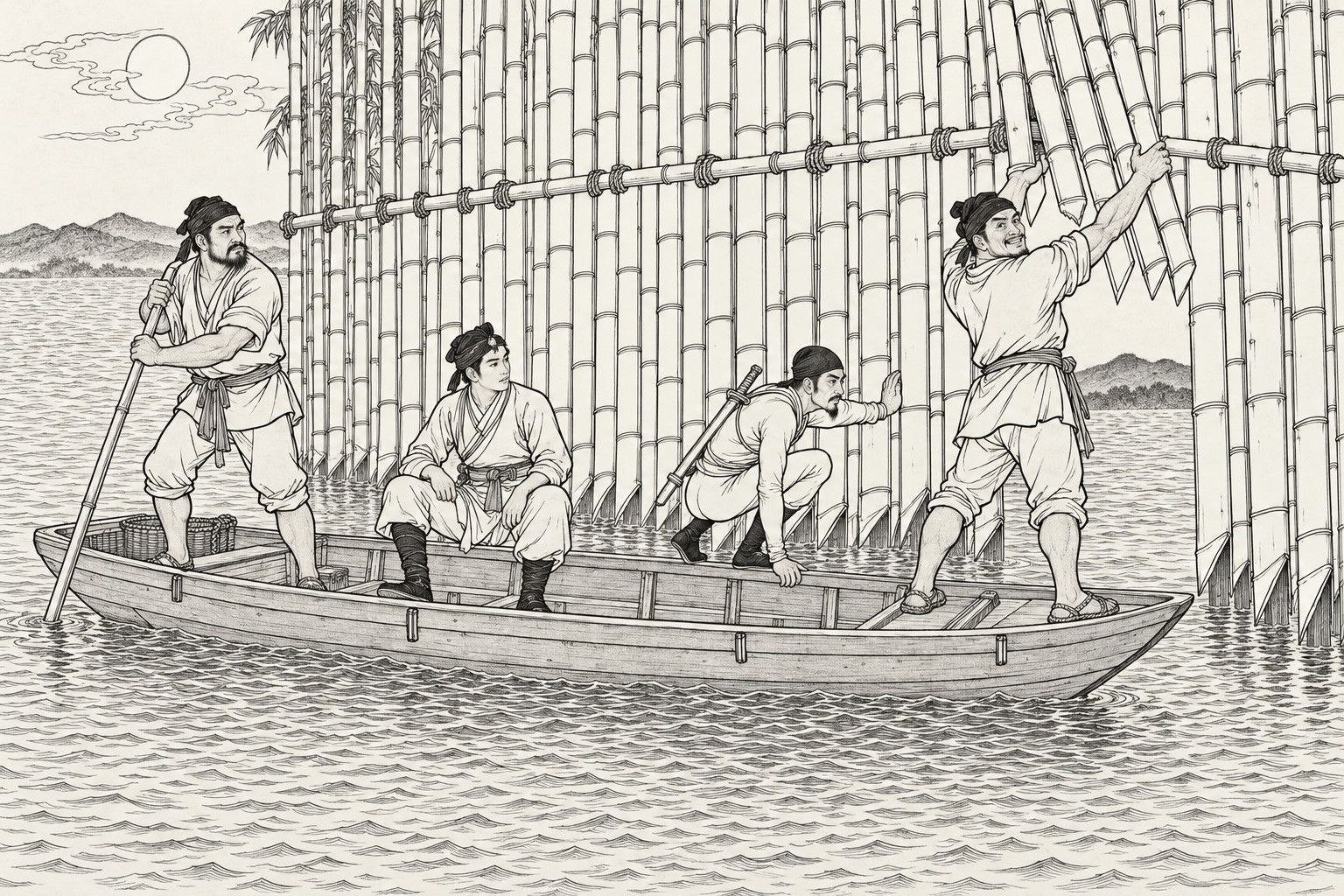 仿清末石印本的線描:夜裡的湖上,一條小船橫靠著一堵用橫木捆紮的高大竹牆,天上有淡淡的月亮和幾縷雲;右邊裹頭巾的壯實漁夫雙手把一束砍斷、削尖的大竹往上一挺,露出缺口;他旁邊,背上橫著一把劍的人蹲在船舷上;船中間,繫頭帶的年輕人雙手放在膝上坐著;船尾,留短鬚的人用長竹篙撐住船。