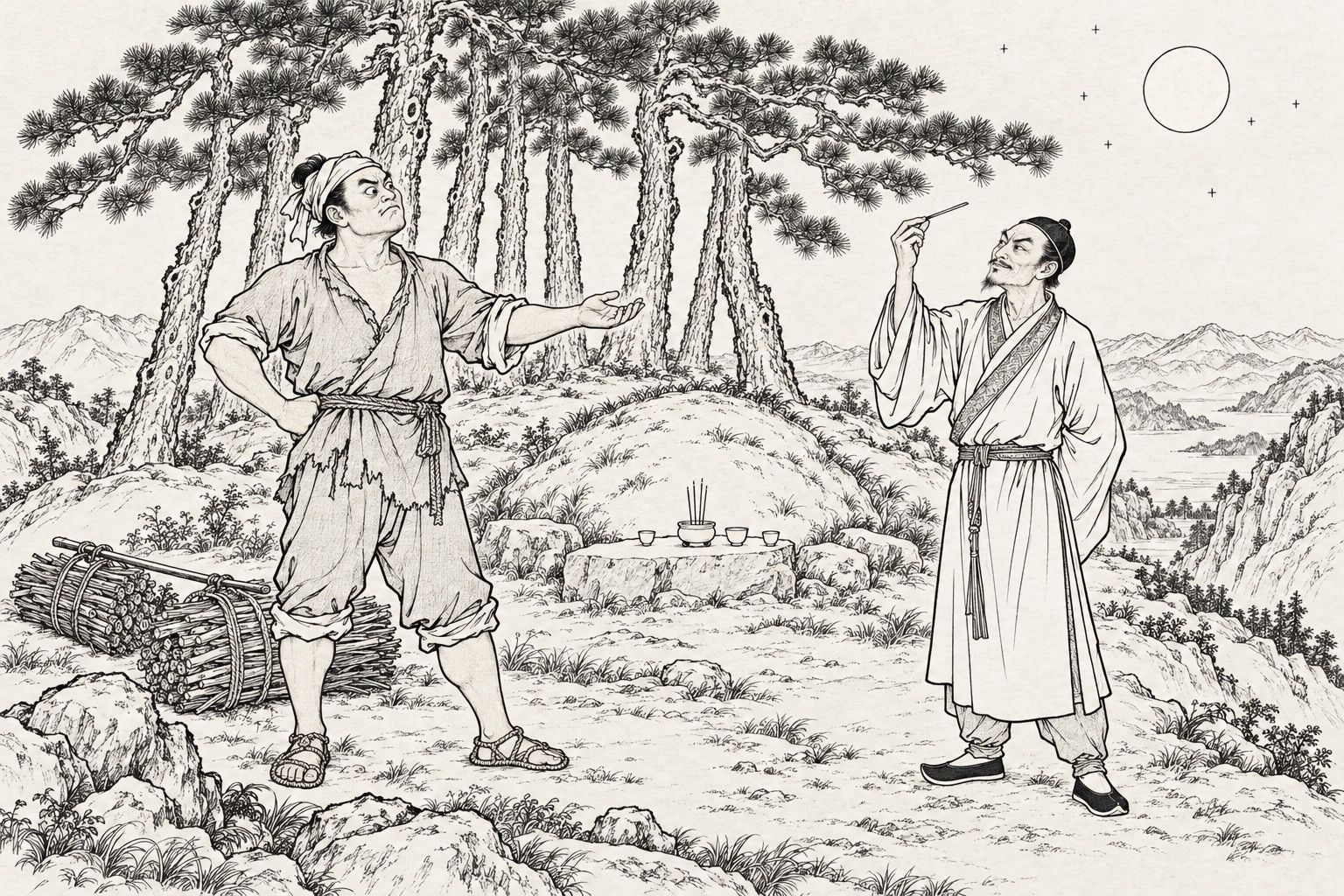 A line drawing in the manner of a late-Qing lithographed edition: on a moonlit hilltop beside a low grave mound under a cluster of pines, a ragged woodcutter with a headcloth stands with one hand on his hip and the other held out open, while the small, bearded Jiang Ping lifts a hairpin to the moon to look at it; a shoulder pole with two bundles of firewood lies at the left.