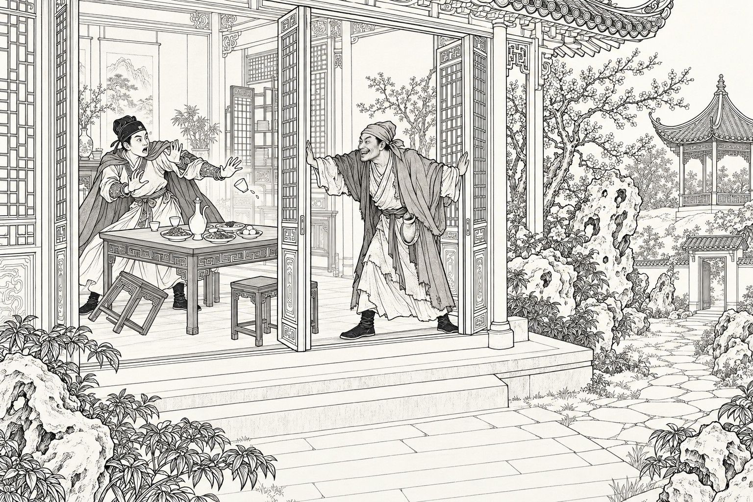 A line drawing in the manner of a late-Qing lithographed edition: in a garden with rockwork, plum trees and a pavilion, a grinning ragged man in a servant's cloak stands in the doorway of a hall with a hand on each side of the open doors, while inside a young man in a cloak has leapt up, knocking over his stool and dropping his cup, one hand thrown out in terror.