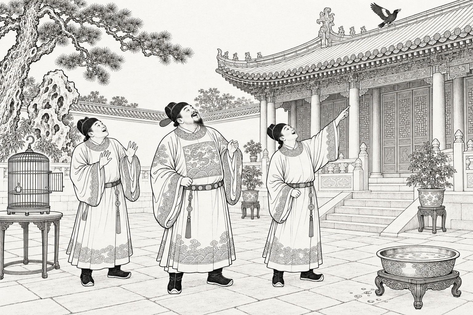 A line drawing in the manner of a late-Qing lithographed edition: in the paved courtyard of a prince's palace by day, a stout bearded prince and two eunuchs stand looking up in amused astonishment, one pointing at a black myna bird spreading its wings on the ridge of the great hall's roof, with an empty open birdcage on a table at the left, a basin of water on a stand at the right, and an old pine and garden rock behind.