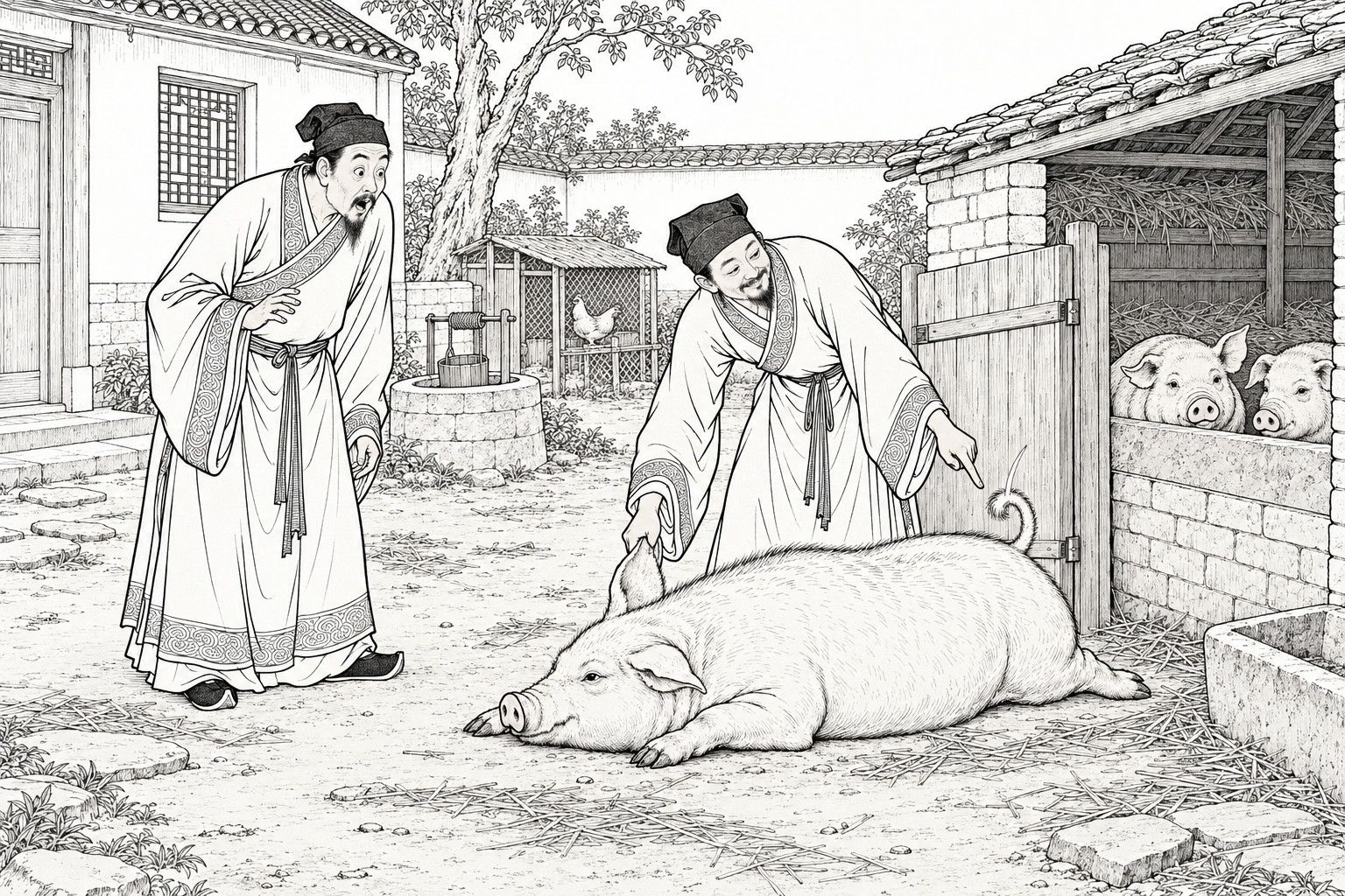 A line drawing in the manner of a late-Qing lithographed edition: in the back yard of a country house by daylight, a smiling scholar in a soft cap and wide-sleeved robe bends beside an open pigsty gate, gripping a large pig's ear and pointing at its tail, while a startled, open-mouthed man in a similar robe looks on, with two pigs peering from the sty, a well, a chicken coop and a tiled house wall behind.