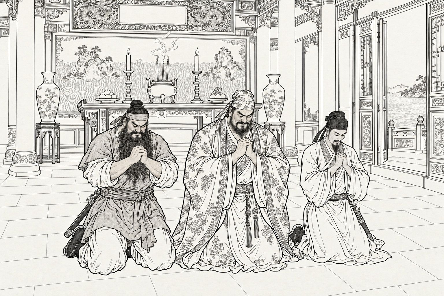 A line drawing in the manner of a late-Qing lithographed edition: in the great hall of a lake stronghold, three men kneel side by side before an incense table with an incense burner and two lit candles, hands pressed together and heads bowed: a long-bearded fighter with a sabre, the flower-patterned chief in the middle, and a bearded gentleman with a sword.