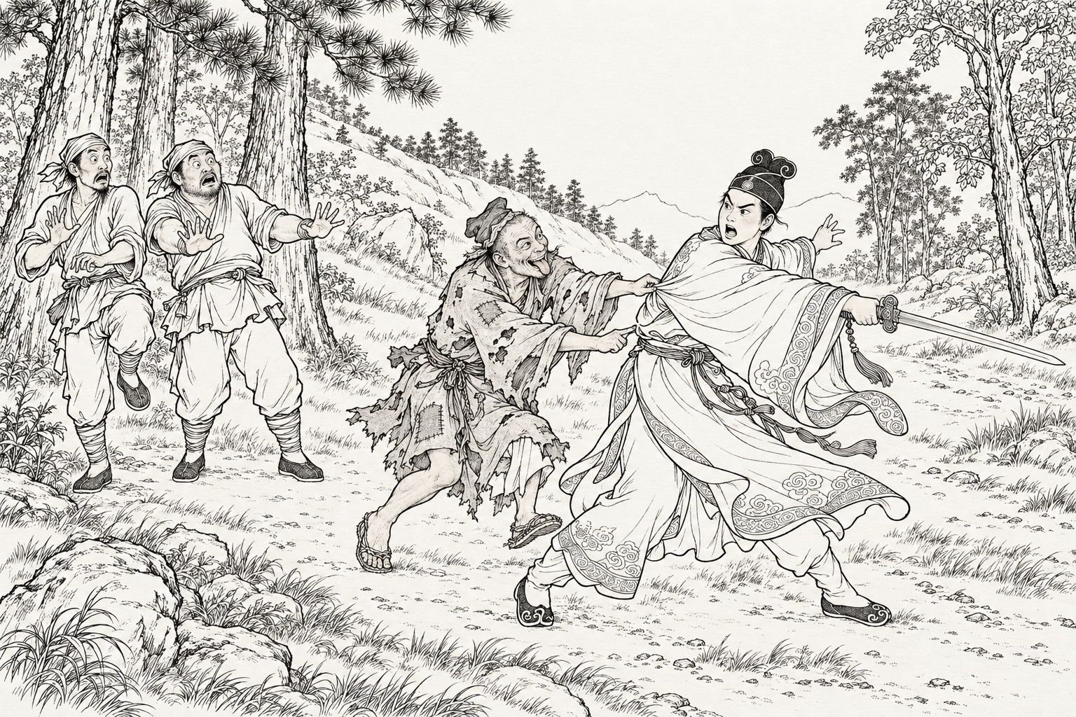 A line drawing in the manner of a late-Qing lithographed edition: at the edge of a pine wood, a young-faced Daoist in a flowing robe lunges with his sword at empty air, his sleeves flying, while a ragged monk with his tongue out pinches the back of his robe from behind; two men in headbands stand frozen at the left with arms half raised.