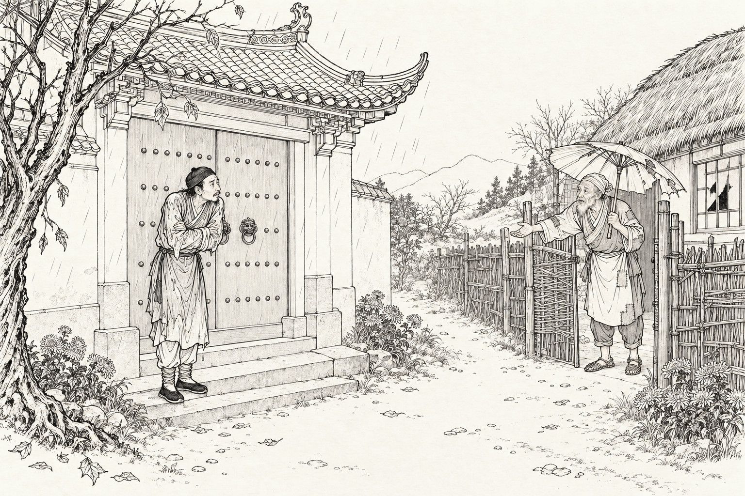 A line drawing in the manner of a late-Qing lithographed edition: on a country road in autumn rain, a soaked, thin traveller stands hugging his arms against the closed studded doors of a temple, while an old villager with a torn paper umbrella beckons to him from a wicker gate beside a thatched house; chrysanthemums and fallen leaves line the path.