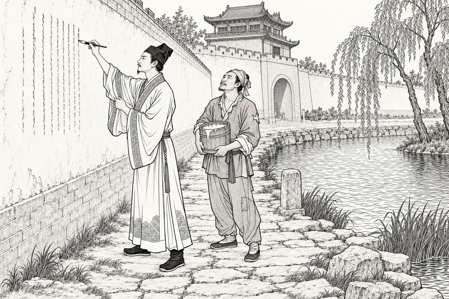 A line drawing in the manner of a late-Qing lithographed edition: in daylight outside a city gate beside a pool, a young scholar in a soft cap and wide-sleeved gown raises his brush to write in neat columns on a long whitewashed wall, while a plain, ragged-jacketed traveller with a cloth-wrapped head holds a wooden bucket and gazes up at the writing, with a gate tower, stone bank, willows and reeds around them.