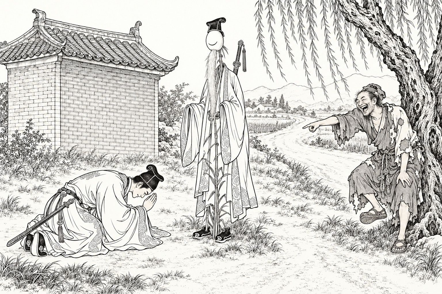 A line drawing in the manner of a late-Qing lithographed edition: beside a small brick shrine and a willow, a young Daoist kneels bowing to the ground before a tall reed stalk dressed in a long robe and Daoist cap, with an eggshell for its head; at the right a ragged monk leans on the tree, laughing and pointing at him.