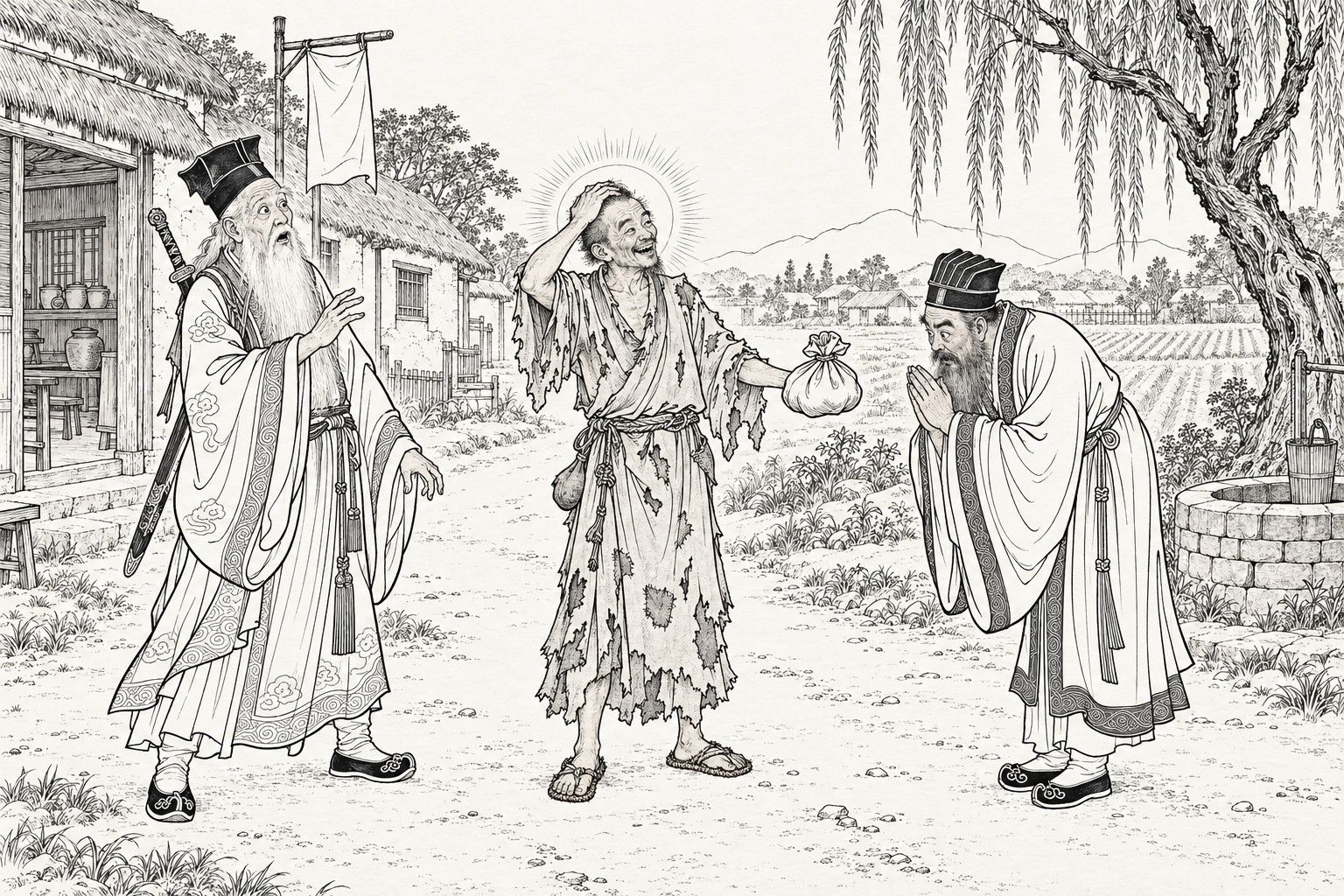A line drawing in the manner of a late-Qing lithographed edition: on a village road, a ragged monk with a halo of thin rays round his head rubs the crown of his head with one hand and holds out a cloth bundle with the other, while an old Daoist with a long white beard and a sword on his back stands open-mouthed at the left, and another old Daoist bows with palms joined at the right.