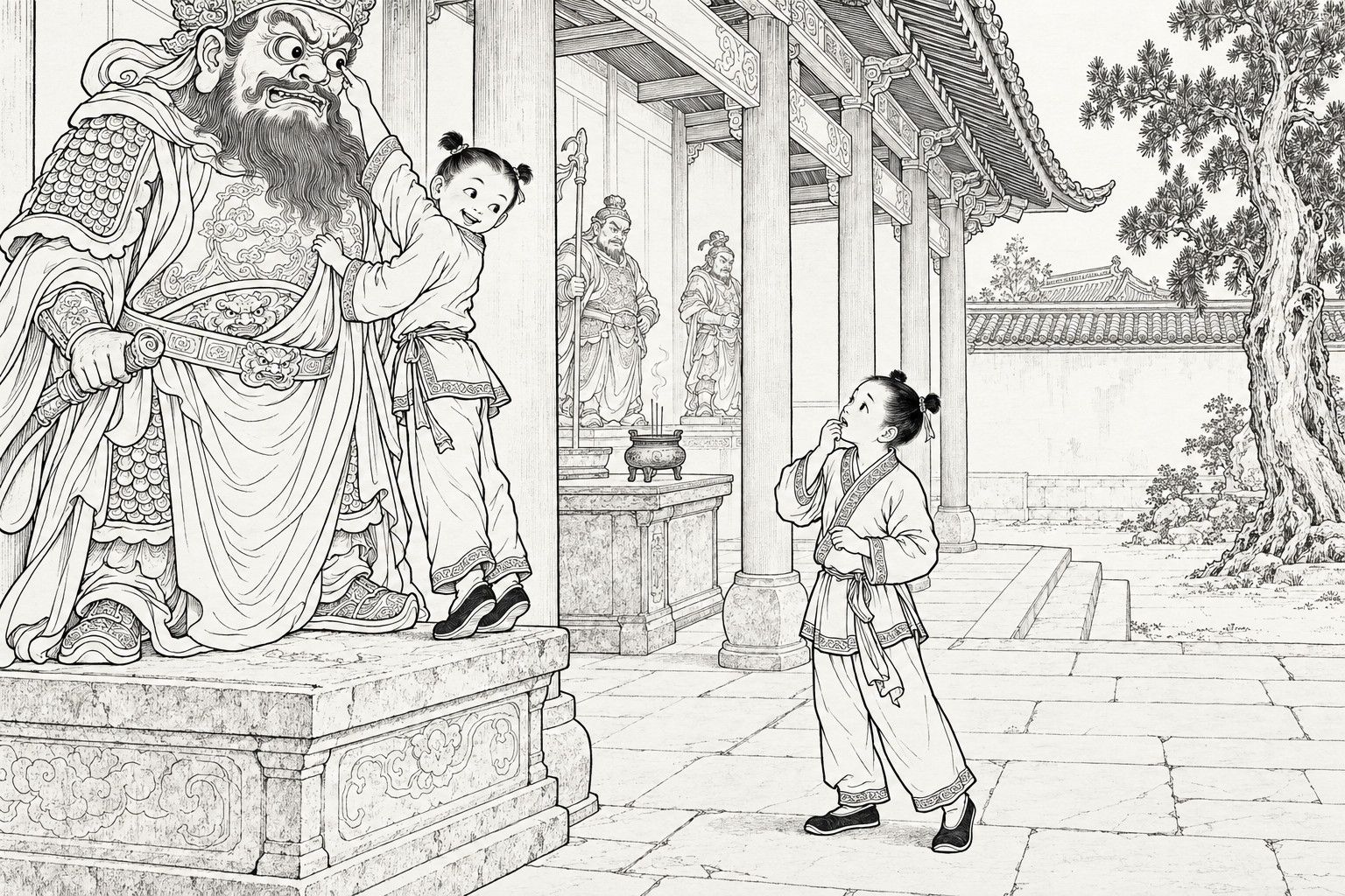 A line drawing in the manner of a late-Qing lithographed edition: in the side gallery of a temple by day, a small boy in a short jacket stands on the stone base of a large bearded clay guardian statue, reaching up to poke its big round eye and glancing back with a grin, while an older boy on the flagstones below tips his head back with a hand at his mouth; carved pillars, an incense burner on a stone table, two smaller statues, and a courtyard with an old cypress and tiled wall lie beyond.