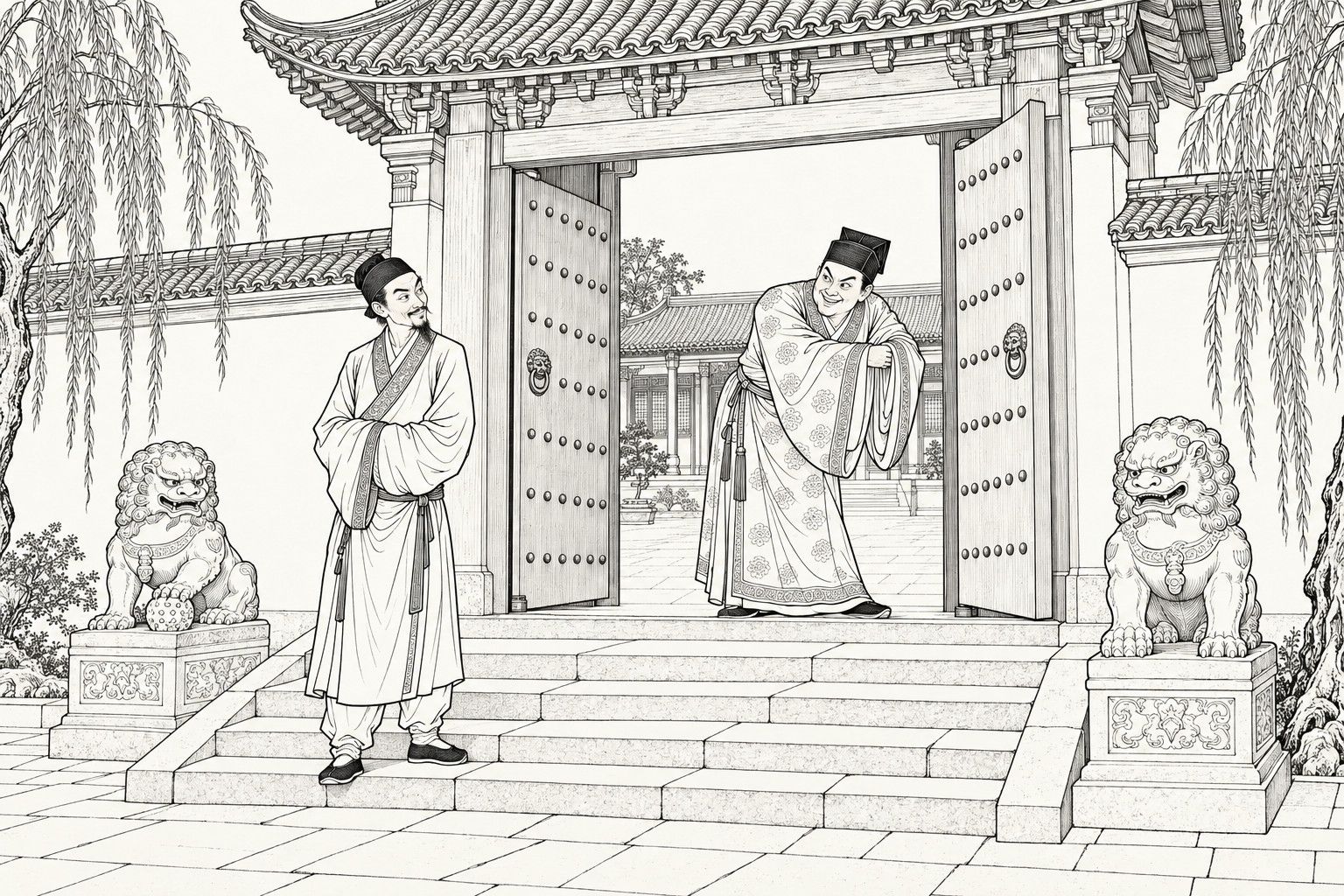 仿清末石印本的線描:莊園大門,門樓覆瓦,門扇敞開,臺階兩邊各蹲一隻石獅;莊主站在門內彎腰拱手,帶著譏笑作揖,臺階上的客人一手攏袖,苦笑著看他。