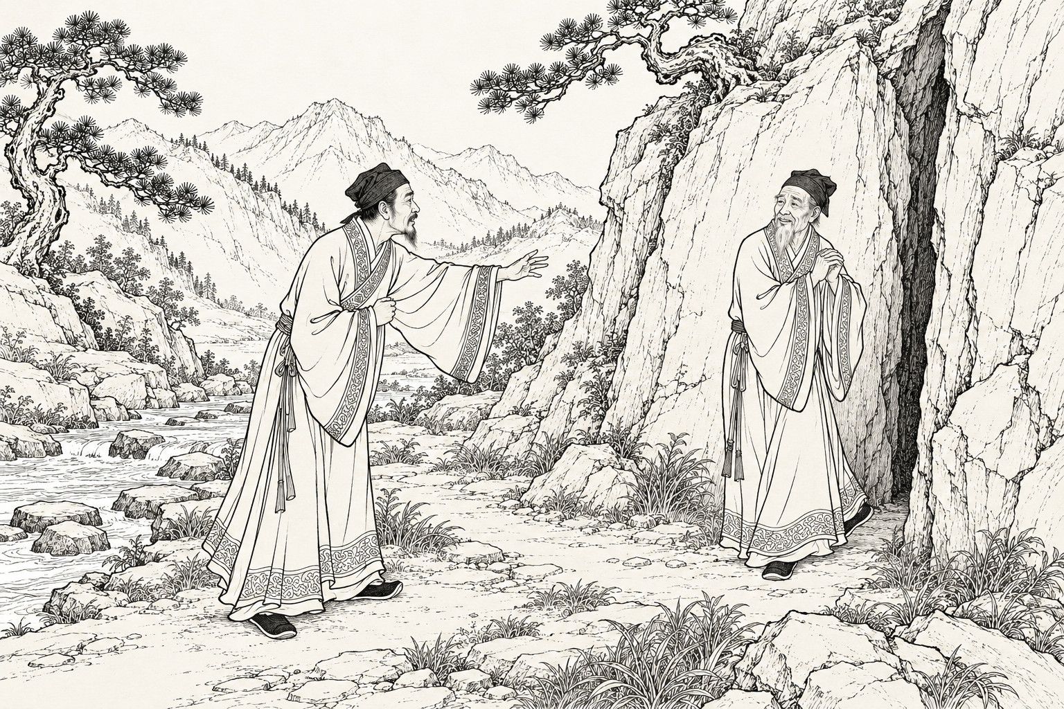 A line drawing in the manner of a late-Qing lithographed edition: in a quiet mountain valley, an elderly scholar in a wide-sleeved gown stands beside a tall rock wall with a narrow cleft, bowing with clasped hands and smiling gently as he steps back toward it, while his middle-aged friend leans forward with one arm stretched out, calling after him, with pines, a stream with stepping stones and distant peaks behind them.