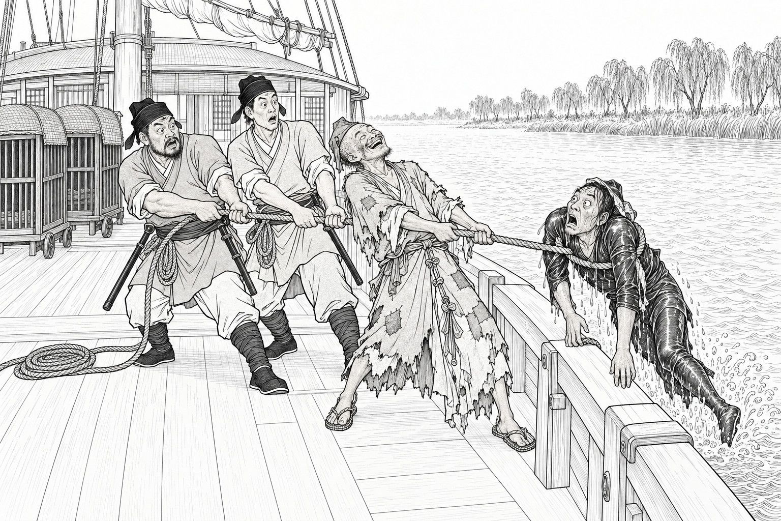 A line drawing in the manner of a late-Qing lithographed edition: on the deck of a boat on a broad river, a ragged monk laughs as he hauls on a rope together with two constables carrying batons, and a drenched man in a close-fitting black water-suit is dragged gaping over the rail on the end of it.