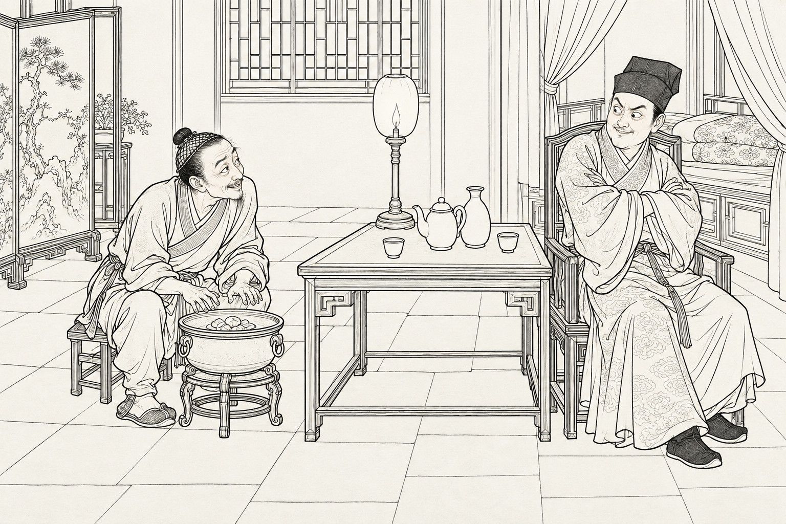 A line drawing in the manner of a late-Qing lithographed edition: in a lamplit side room, a thin man with only a hair-net on his topknot crouches on a low stool warming his hands over a brazier and looks sideways at the squire, who sits in a high-backed chair with his arms folded, smirking; a lamp on a plain stand, a teapot, a wine pot and cups stand on the table.