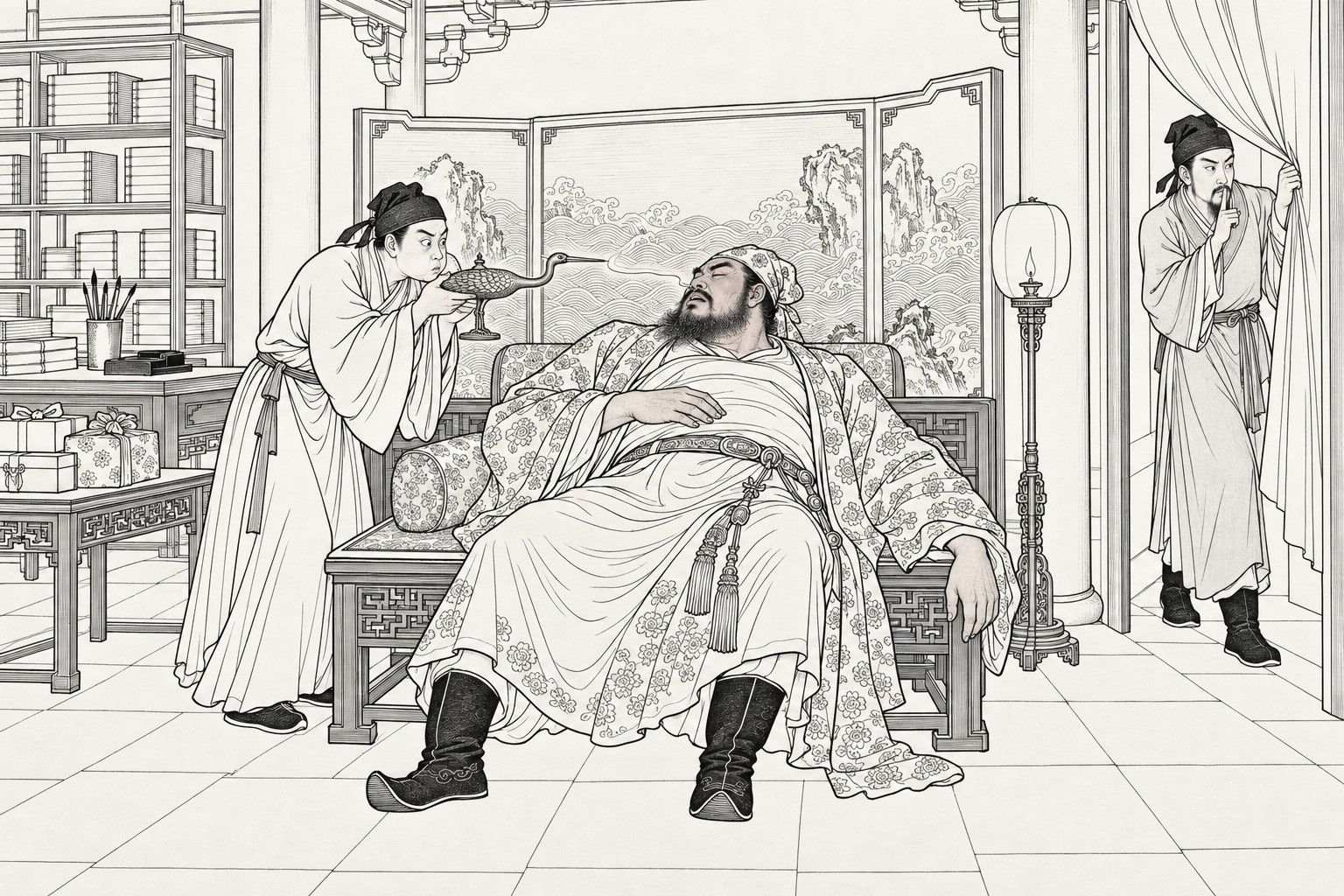 A line drawing in the manner of a late-Qing lithographed edition: in a study, a bearded chief in a flowered cloak lies back asleep on a couch against a bolster, while a scribe in a kerchief leans close and holds out a small bronze crane laid level, its beak aimed at the sleeper's nostril with a thin thread of smoke drifting across, and a gentleman at the doorway lifts the door curtain, a finger to his lips.